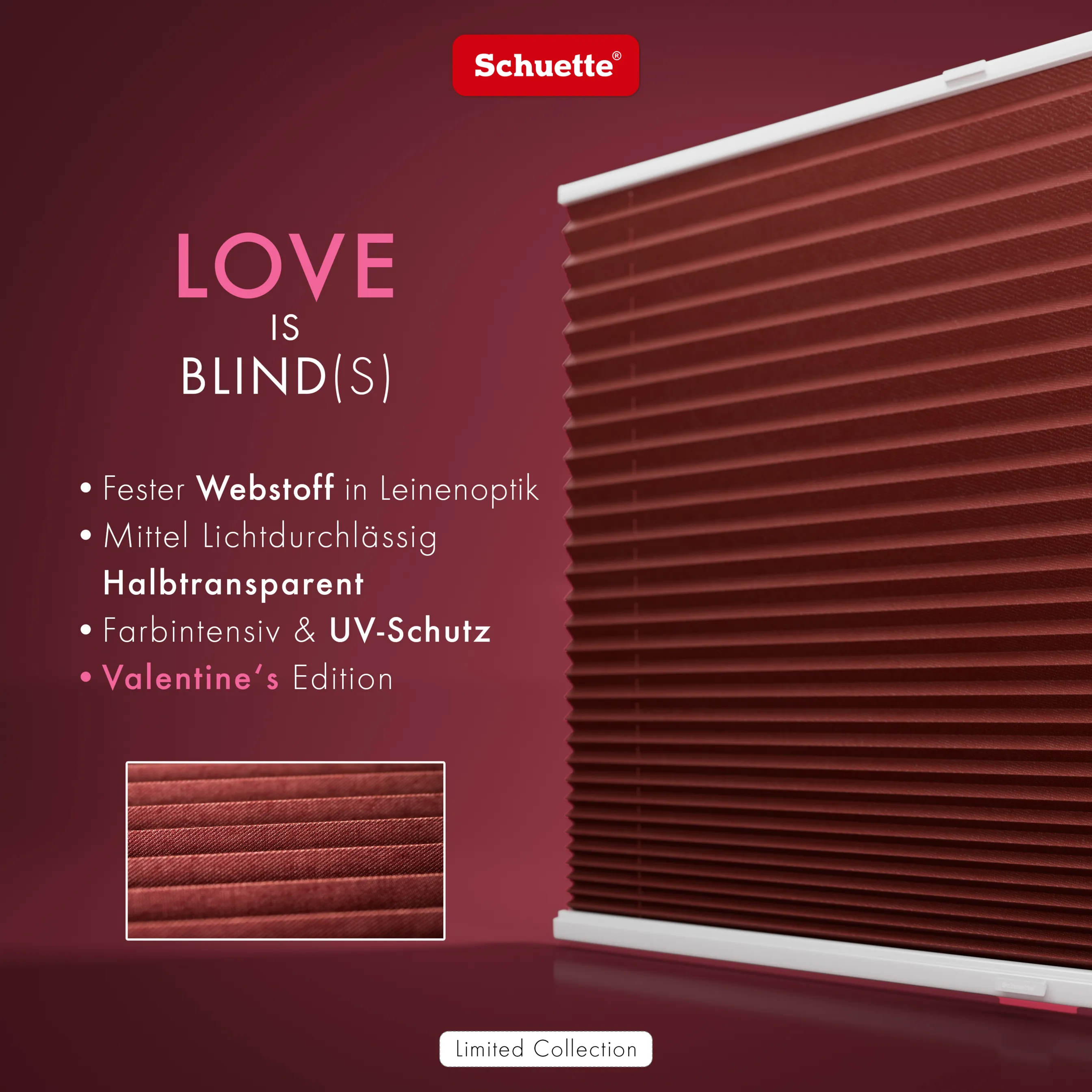 Schuette® Plissee mit Muster nach Maß • Limited Kollektion: Casual Romance (Rot) • Suprafix "Double 2in1" Schraub- & Klemmhalter • Profilfarbe: Weiß