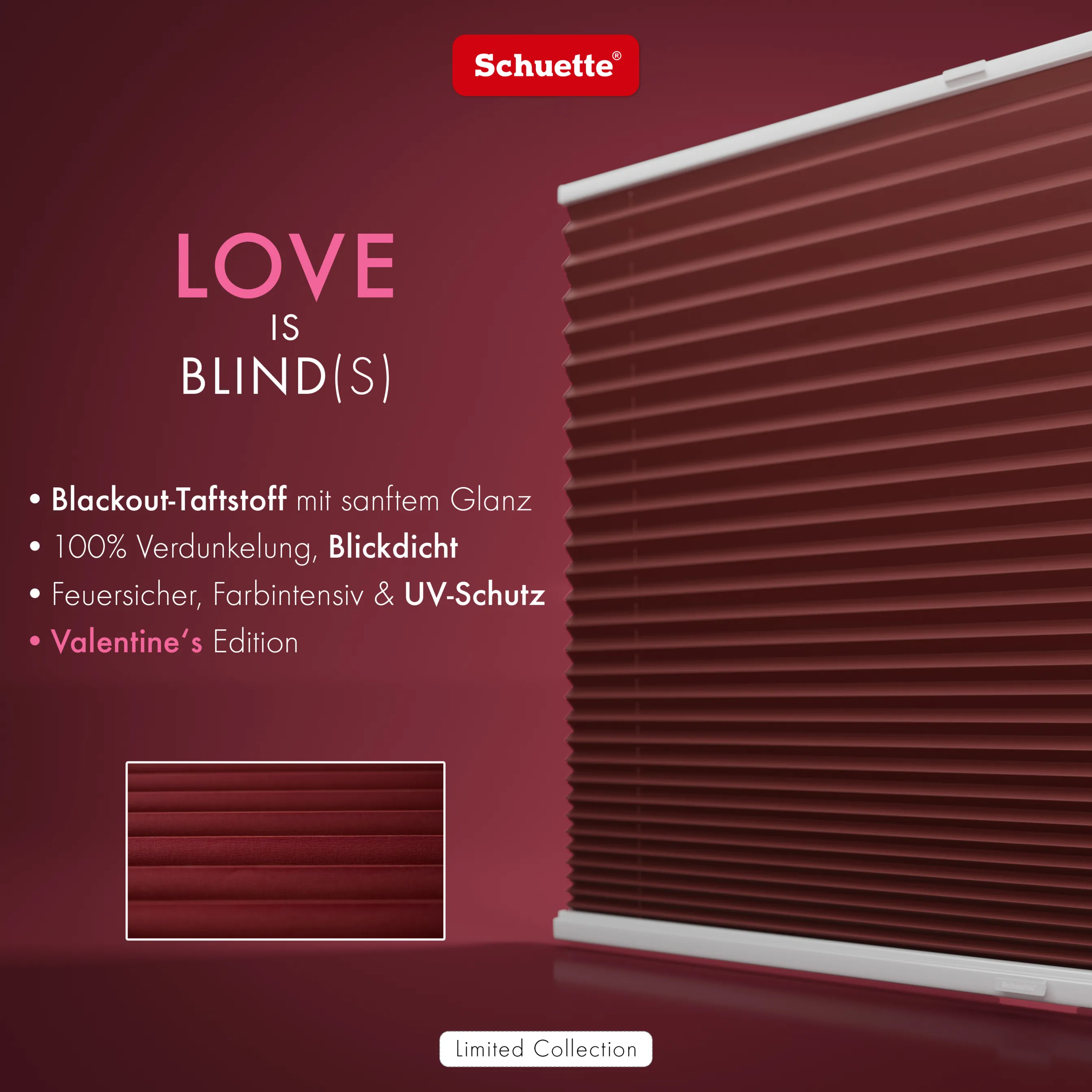 Schuette® Plissee mit Muster nach Maß • Limited Kollektion: Burning Desire (Rot) • Suprafix Klebe- & Schraubhalter 2in1 Set "Letsbond Transparent" • Profilfarbe: Braun