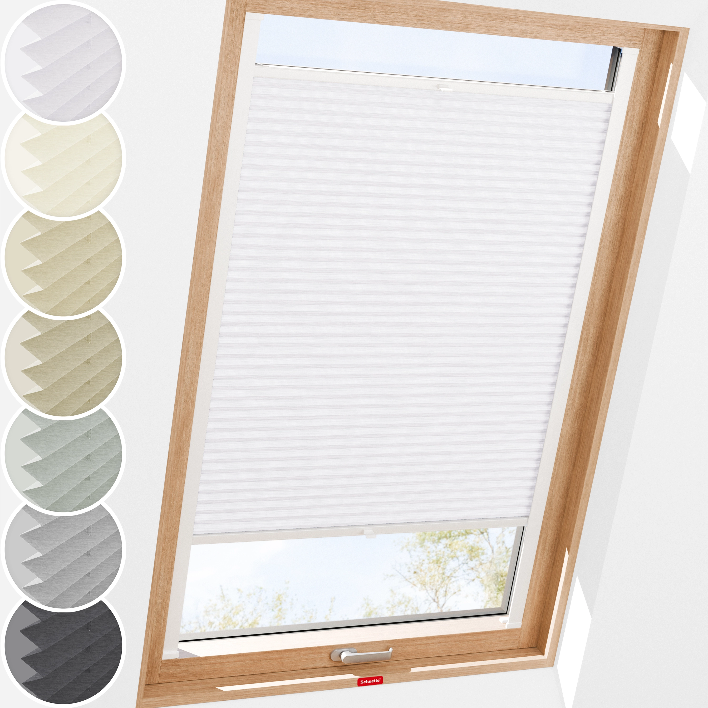 Schuette® Dachfenster Plissee nach Maß • Dolomite Kollektion: Cold Morning (Grau) • Profilfarbe: Weiß