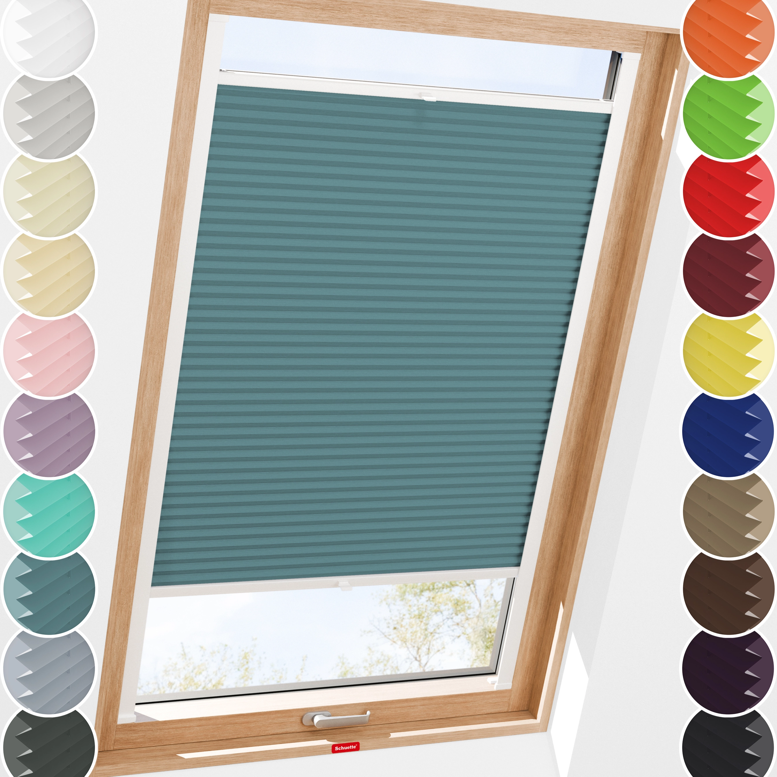 Schuette® Dachfenster Plissee nach Maß • Premium Kollektion: Cove Calm (Taubenblau) • Profilfarbe: Weiß