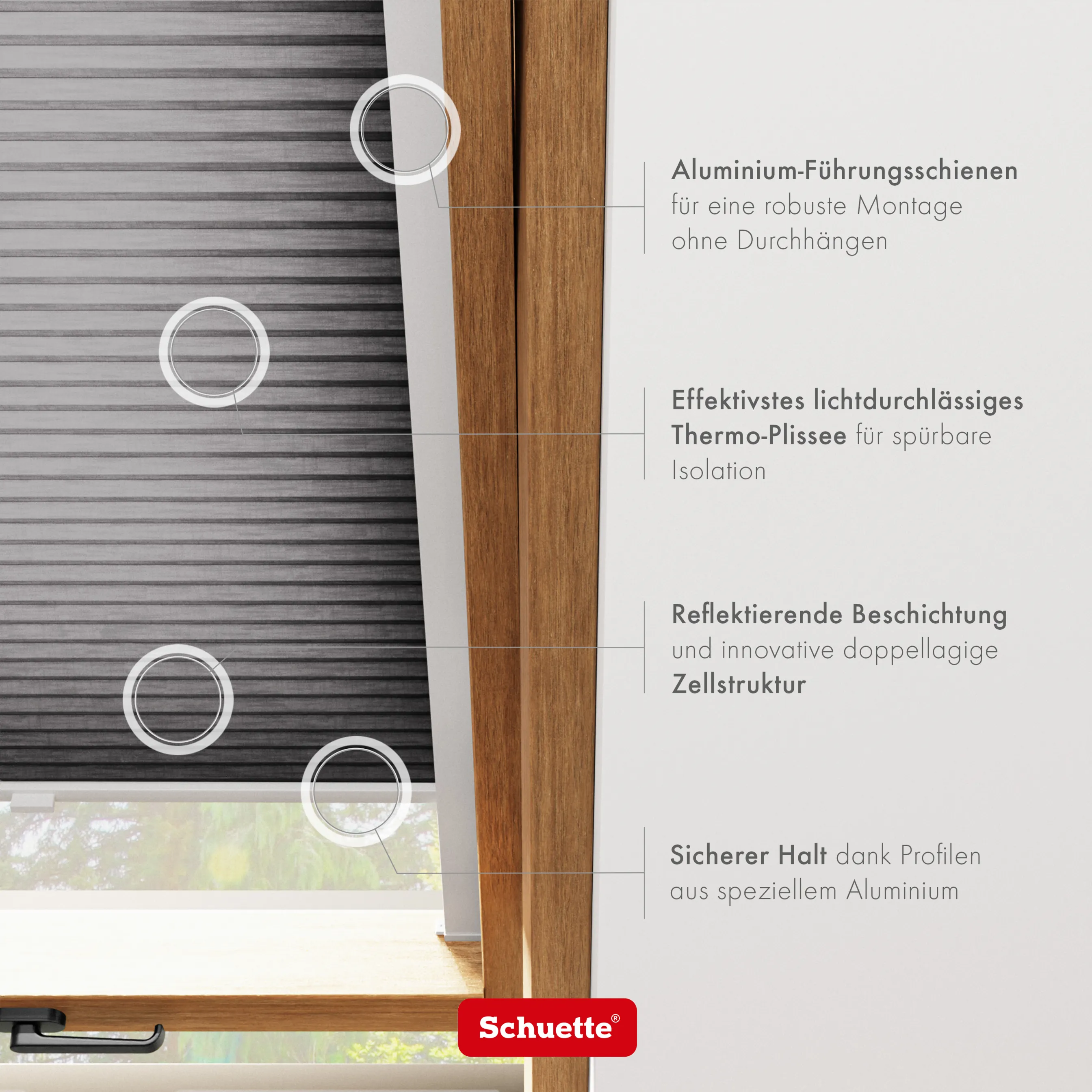 Schuette® Dachfenster Wabenplissee nach Maß • Thermo x Honey Kollektion: Midnight Snack (Schwarz) • Profilfarbe: Eiche