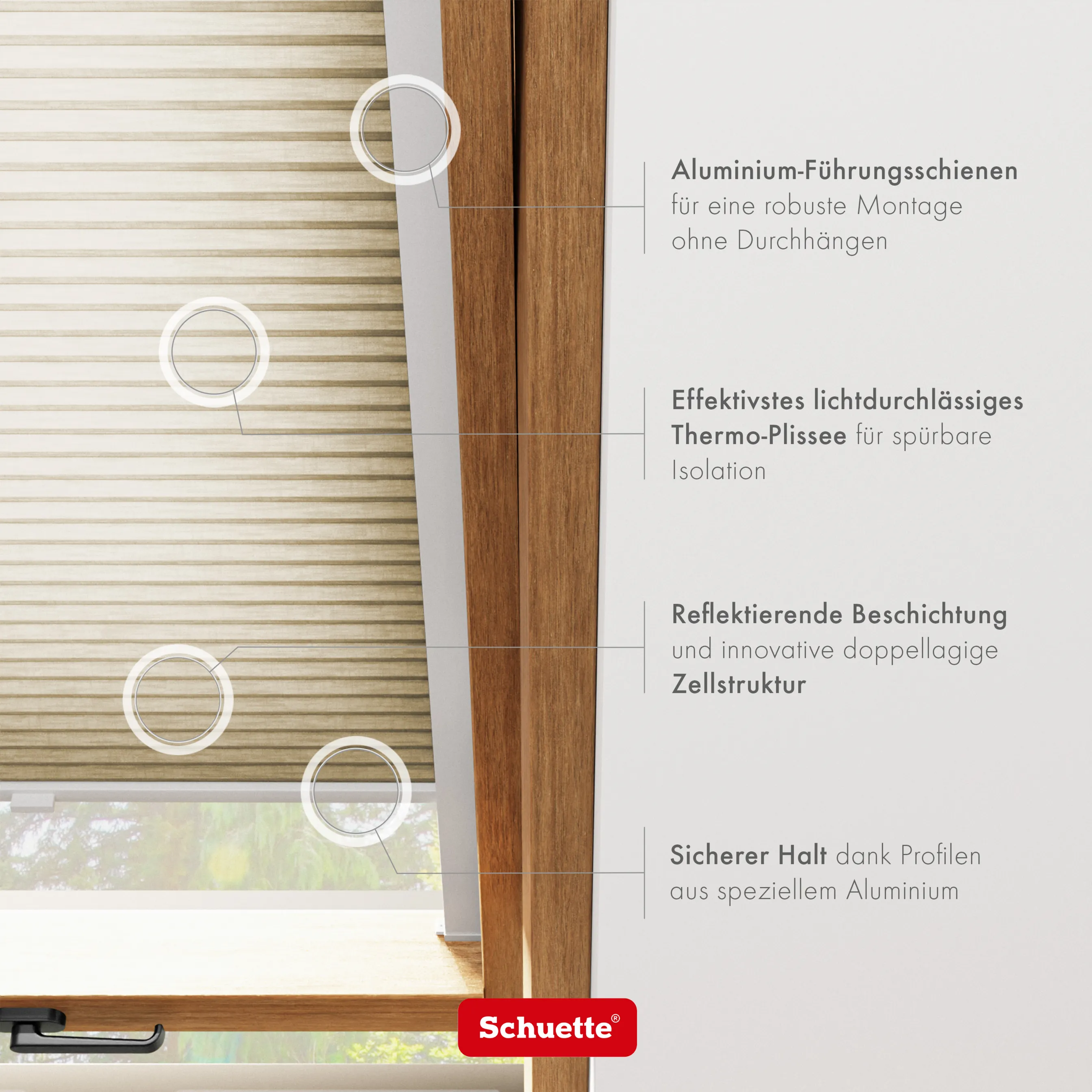 Schuette® Dachfenster Wabenplissee nach Maß • Thermo x Honey Kollektion: Latte Mood (Sandbeige) • Profilfarbe: Eiche