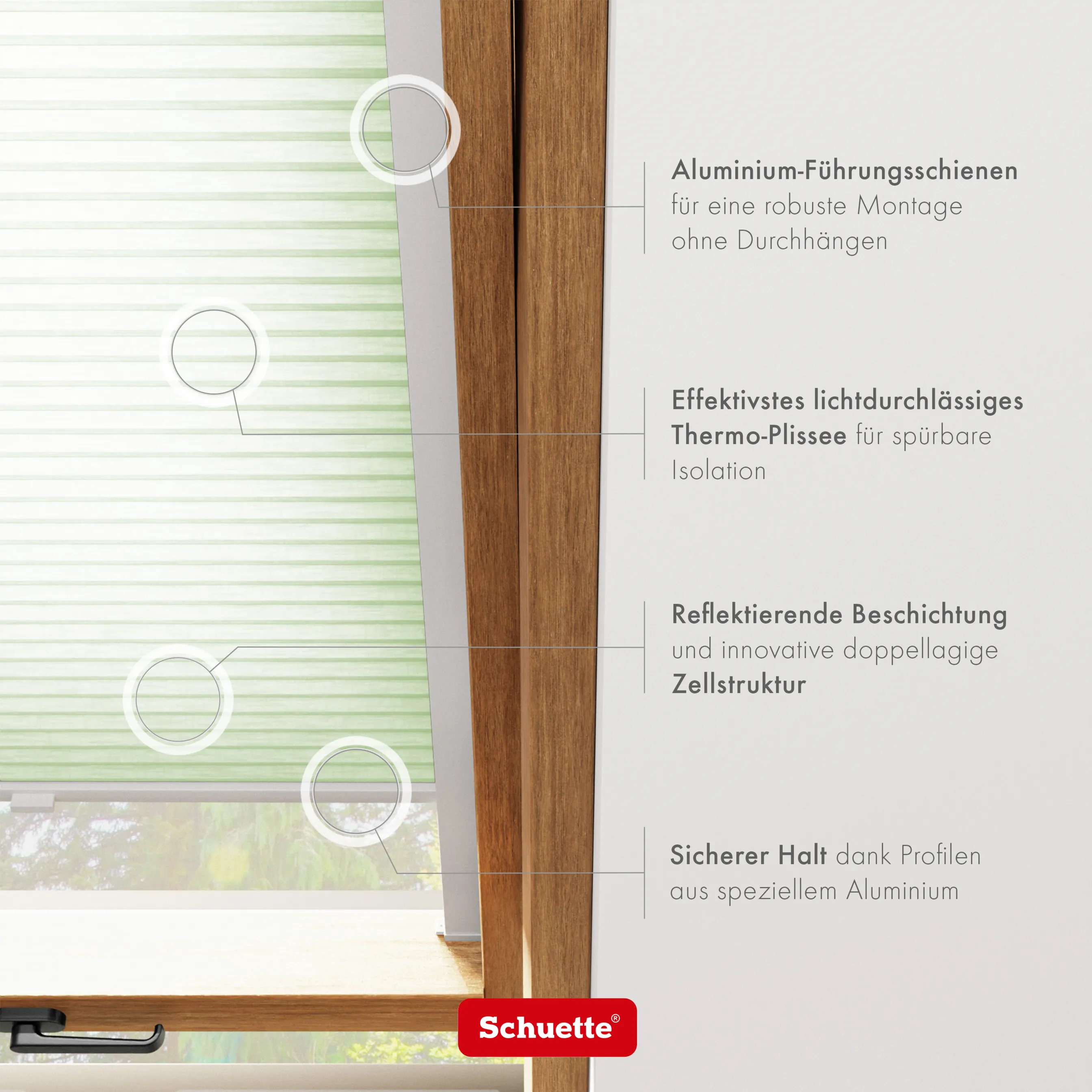 Schuette® Dachfenster Wabenplissee nach Maß • Thermo x Honey Kollektion: Let’s Matcha! (Pastellgrün) • Profilfarbe: Walnuss