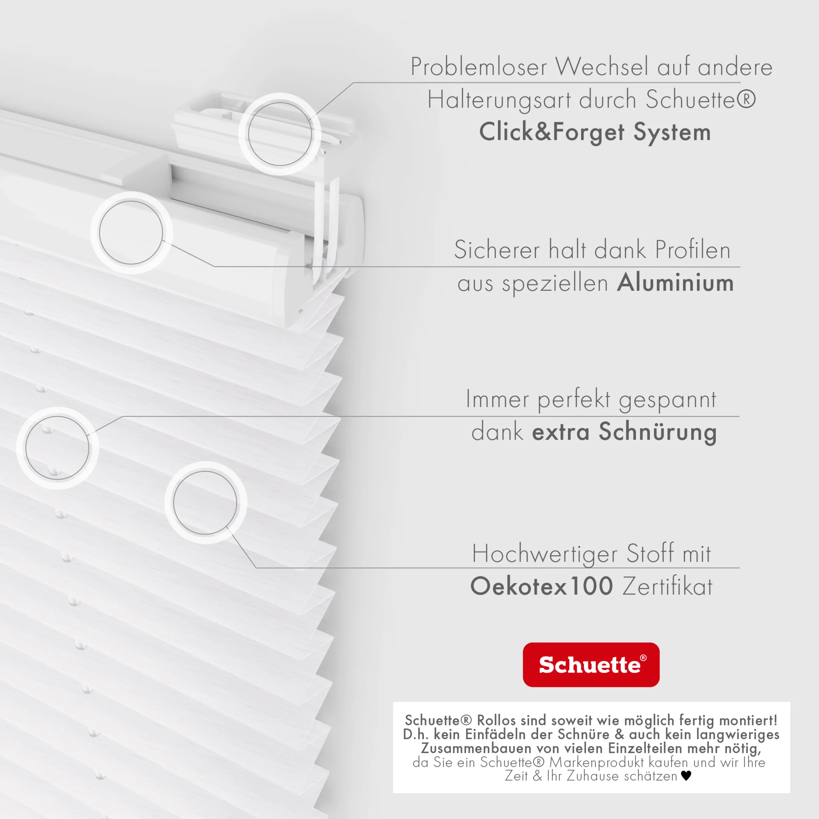 Schuette® Plissee ohne Bohren nach Maß • Suprafix Halterung “Zum Kleben” • Dolomite Kollektion: Cold Morning (Grau) • Profilfarbe: Anthrazit