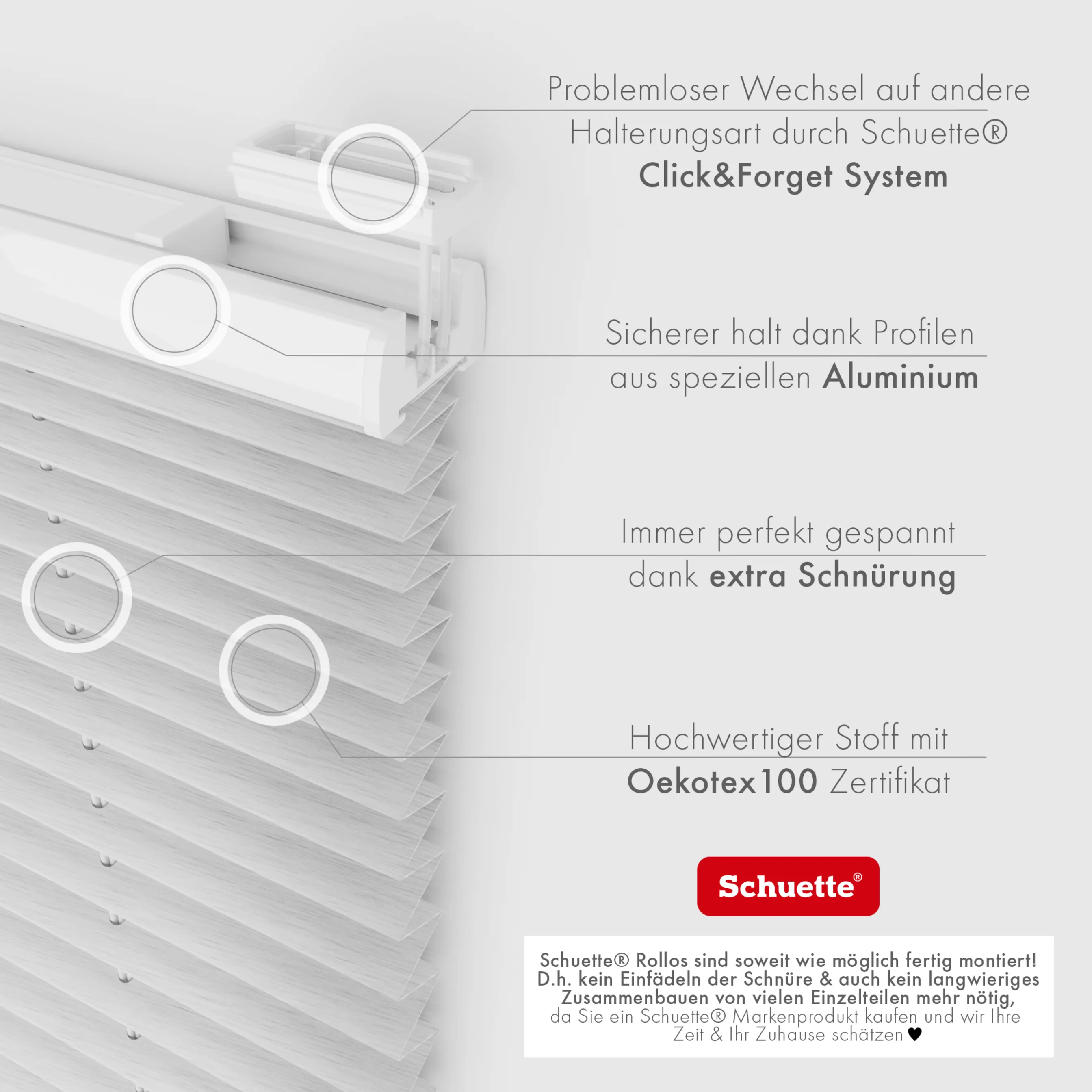 Schuette® Plissee ohne Bohren nach Maß • Suprafix Halterung “Zum Kleben” • Dolomite Kollektion: Storm Gray (Grau) • Profilfarbe: Eiche