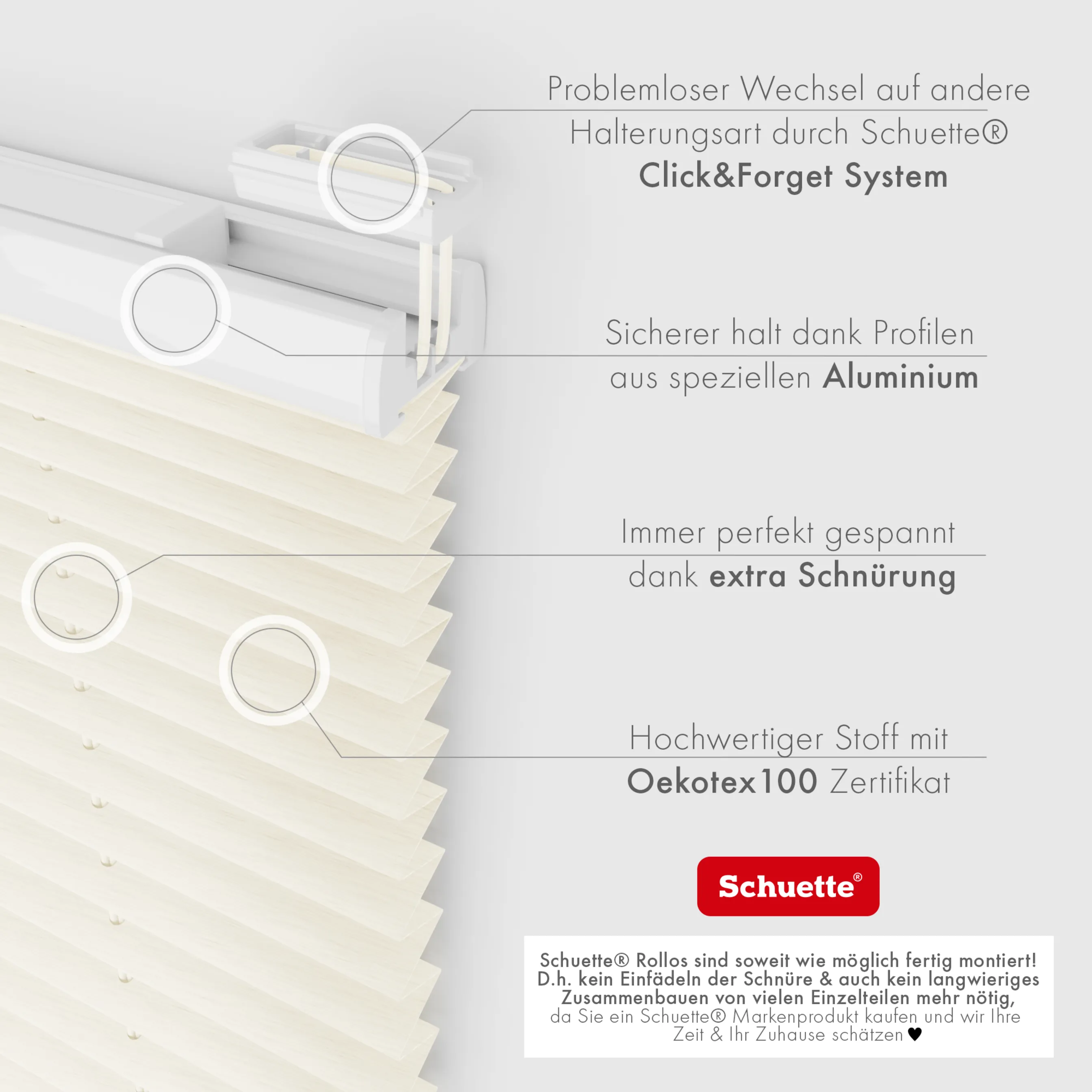 Schuette® Plissee ohne Bohren nach Maß • Suprafix Halterung “Zum Kleben” • Dolomite Kollektion: Vanilla Sky (Beige) • Profilfarbe: Braun