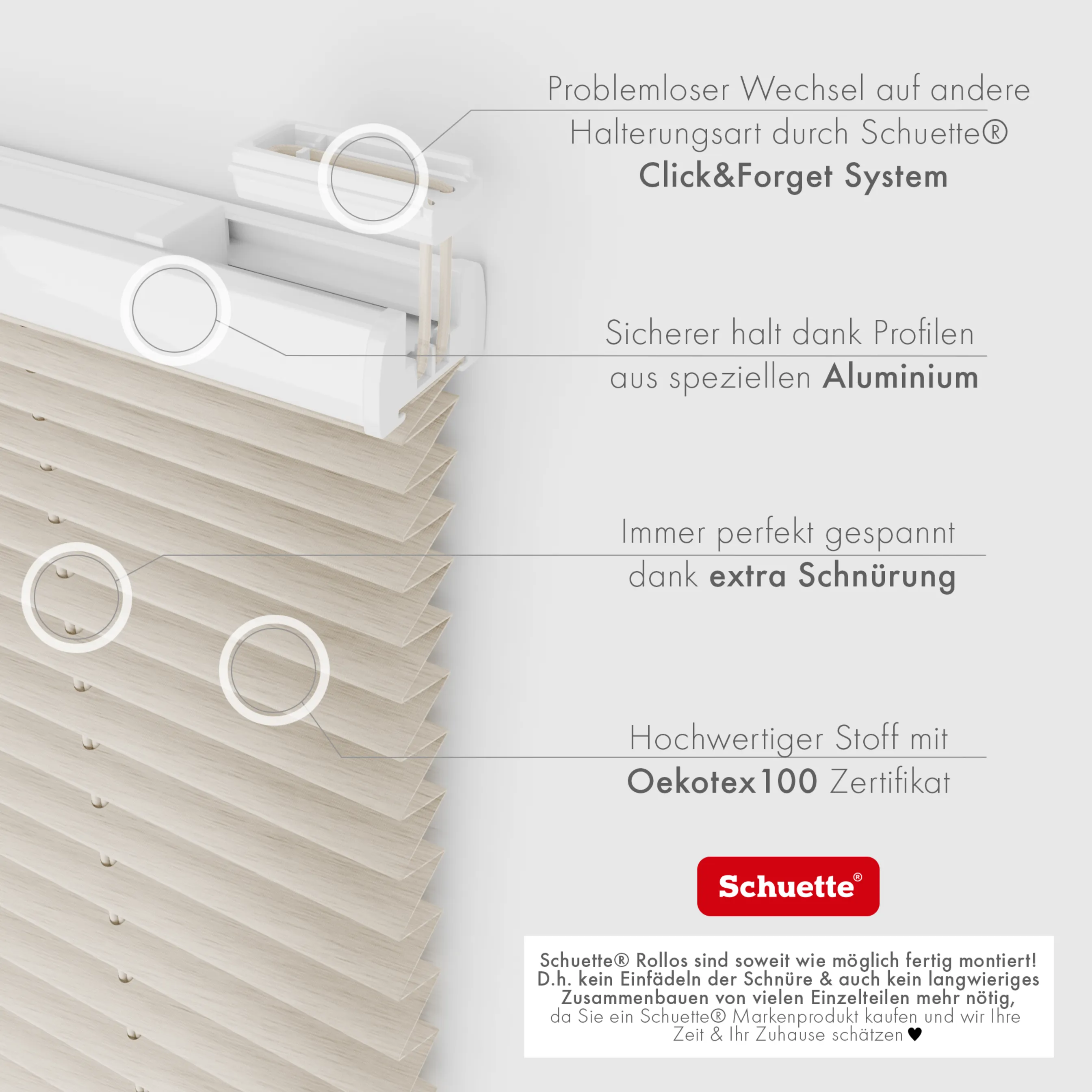 Schuette® Plissee ohne Bohren nach Maß • Suprafix Halterung “Zum Kleben” • Dolomite Kollektion: Light Coffee (Beige) • Profilfarbe: Braun