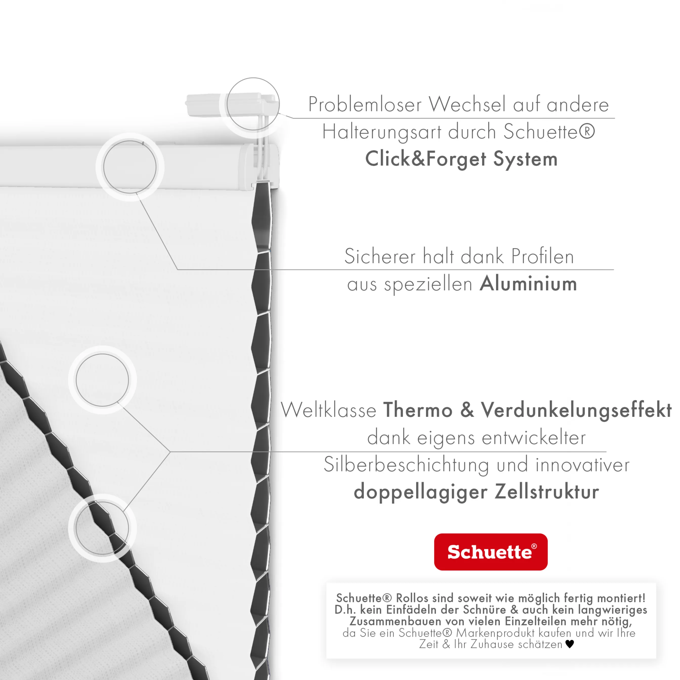 Schuette® Wabenplissee ohne Bohren nach Maß • Klebehalter & Schraubhalter 2in1 Set "Letsbond" • Honey Kollektion: Moonlight (Weiß) • Profilfarbe: Walnuss