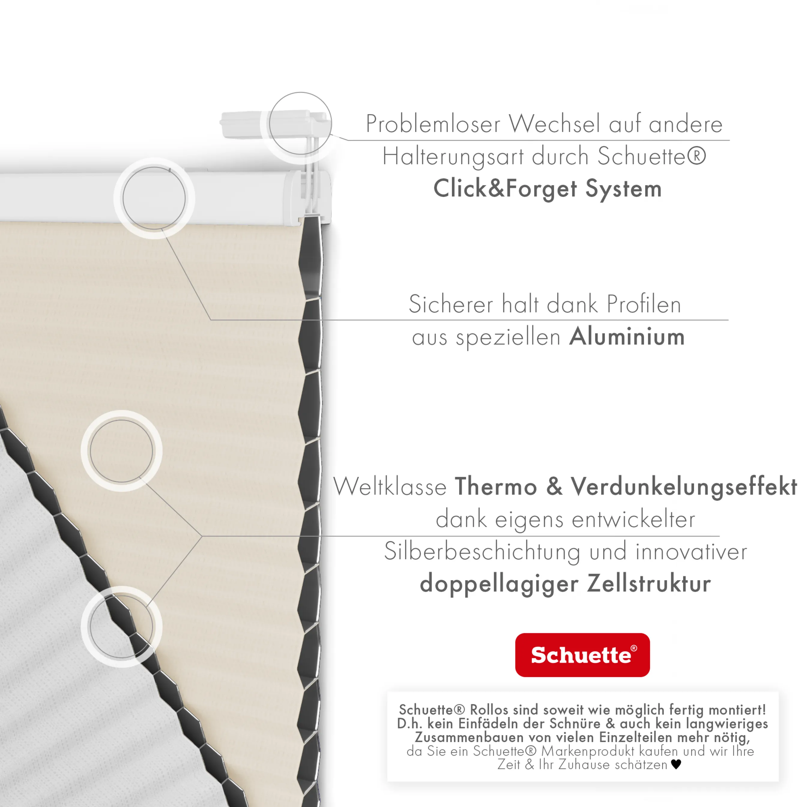 Schuette® Wabenplissee ohne Bohren nach Maß • Klebehalter & Schraubhalter 2in1 Set "Letsbond" • Honey Kollektion: Calm Coast (Beige) • Profilfarbe: Silber