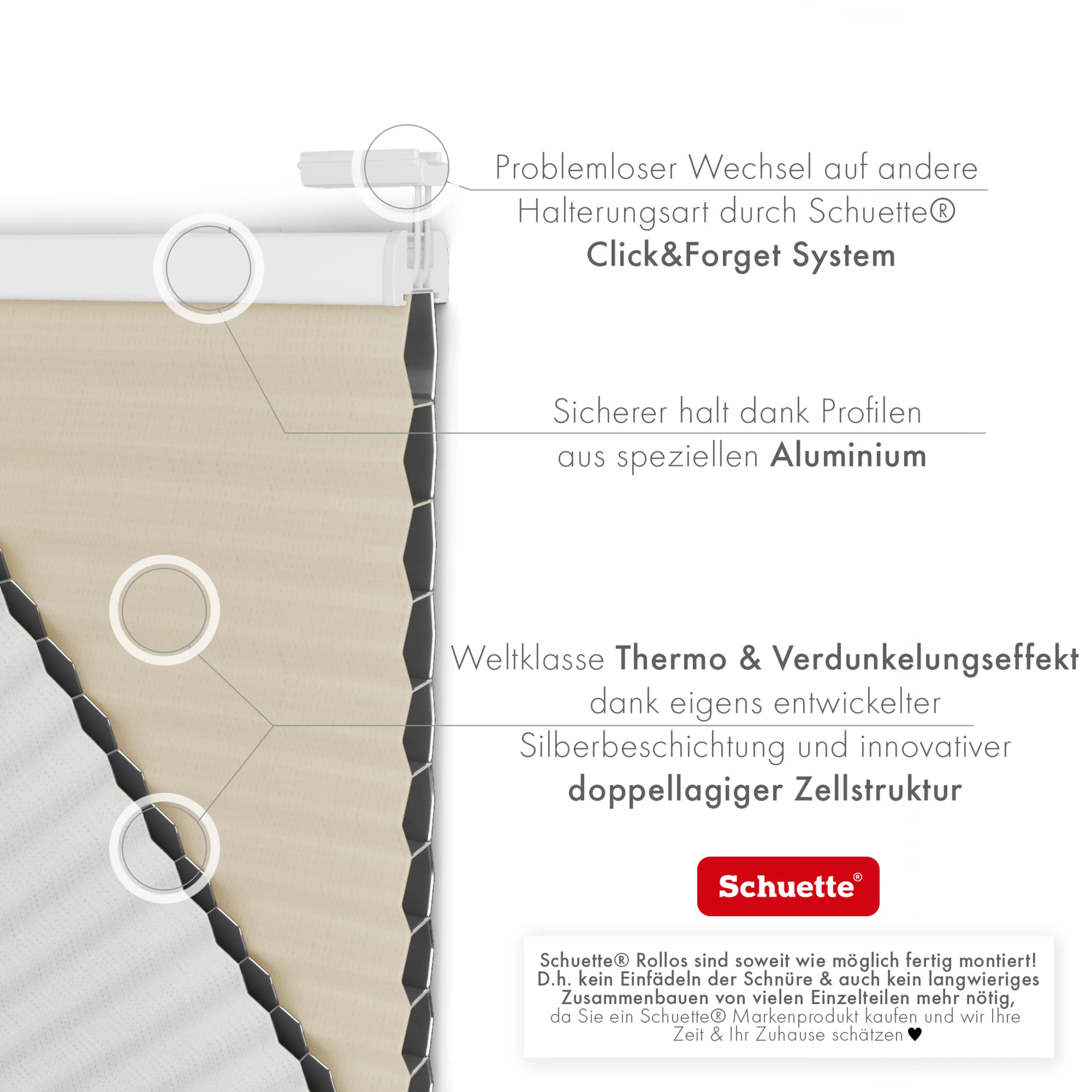 Schuette® Wabenplissee ohne Bohren nach Maß • Klebehalter & Schraubhalter 2in1 Set "Letsbond" • Honey Kollektion: The Dune (Beige) • Profilfarbe: Silber