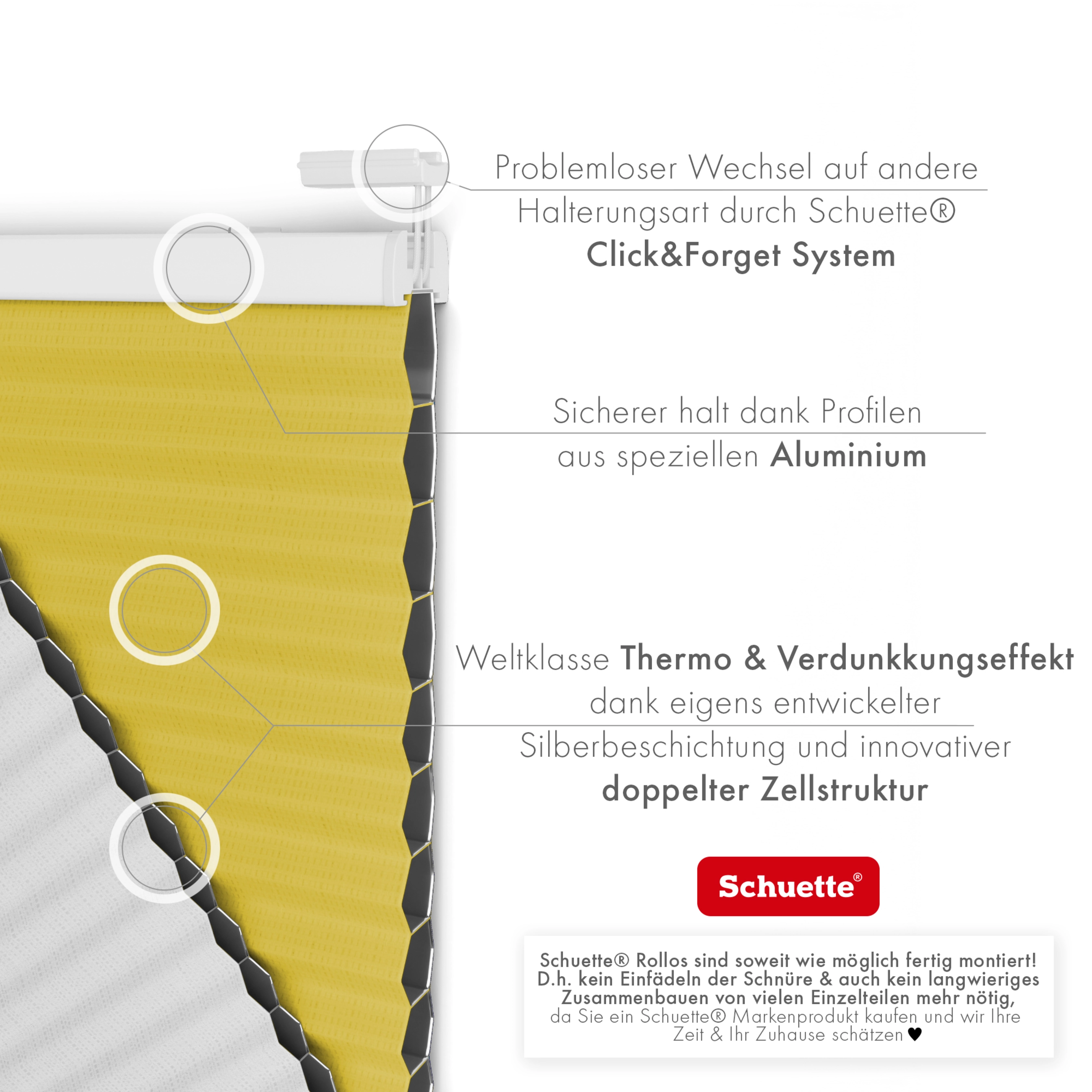 Schuette® Wabenplissee mit Bohren nach Maß • Suprafix Halterungen “Mit Bohren” • Honey Kollektion: Sunburst (Gelb) • Profilfarbe: Weiß