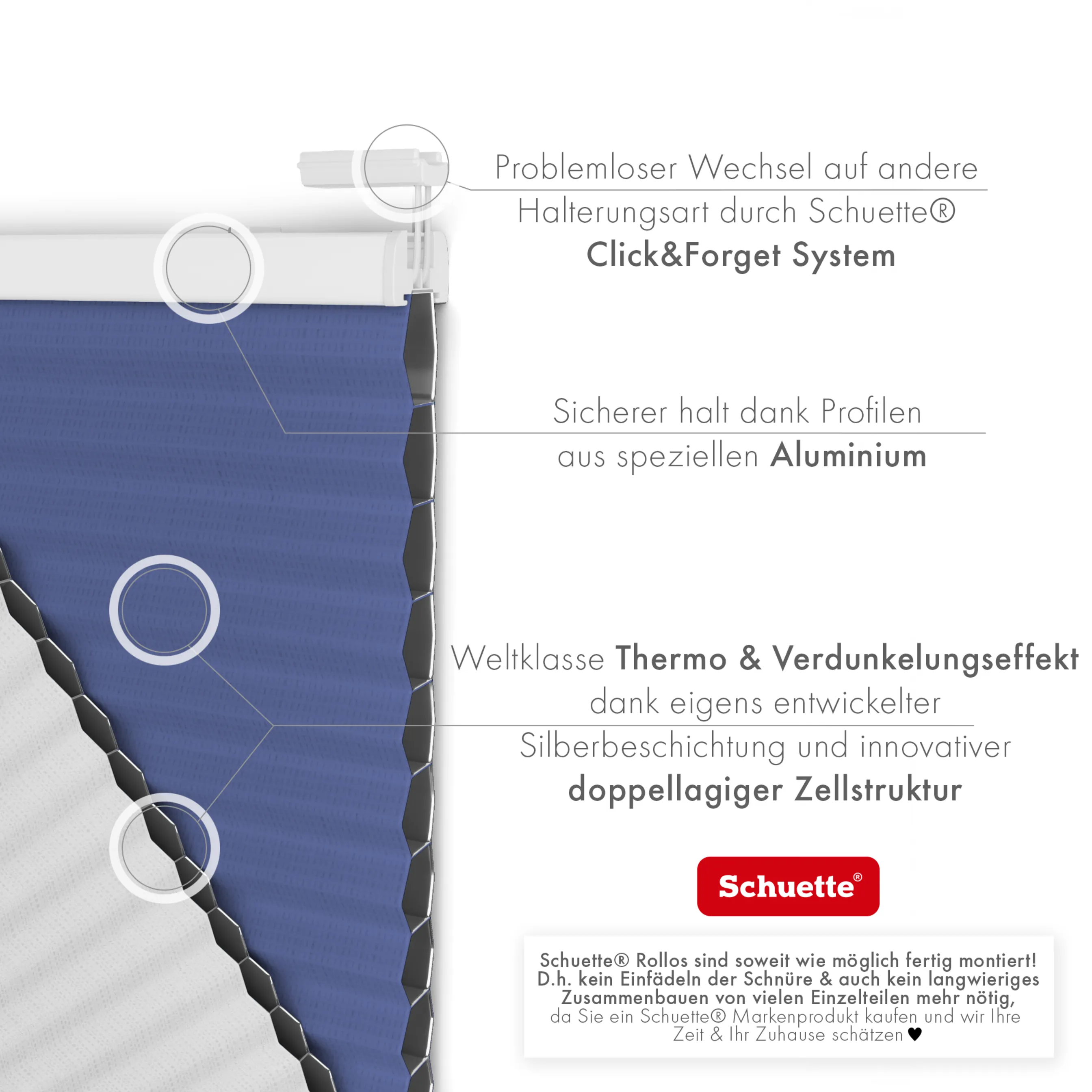 Schuette® Wabenplissee ohne Bohren nach Maß • Klebehalter & Schraubhalter 2in1 Set "Letsbond" • Honey Kollektion: Skyline (Blau) • Profilfarbe: Silber
