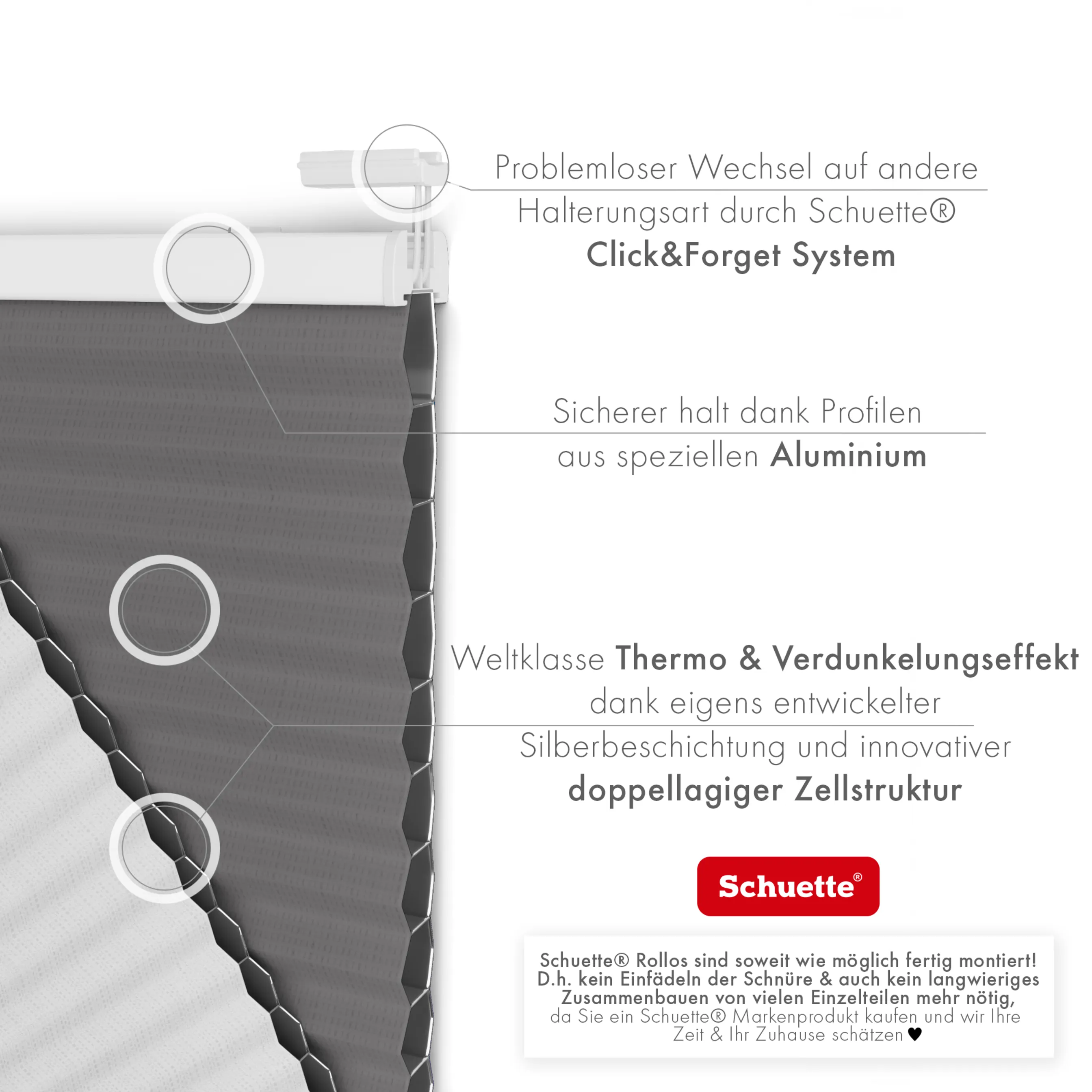 Schuette® Wabenplissee ohne Bohren nach Maß • Klebehalter & Schraubhalter 2in1 Set "Letsbond" Transparent • Honey Kollektion: Twilight Tango (Grau) • Profilfarbe: Weiß