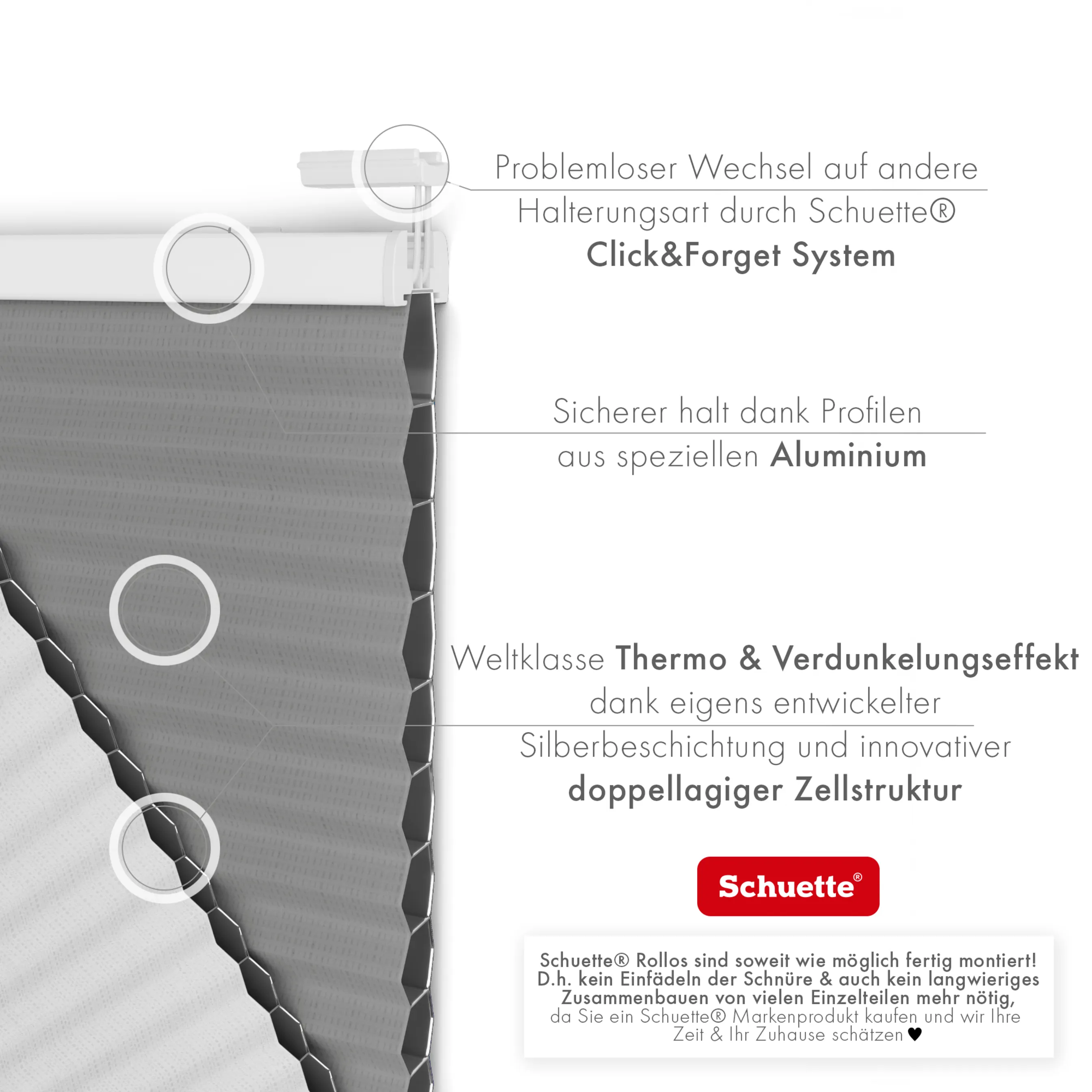 Schuette® Wabenplissee ohne Bohren nach Maß • Klebehalter & Schraubhalter 2in1 Set "Letsbond" • Honey Kollektion: Silver Mist (Grau) • Profilfarbe: Weiß