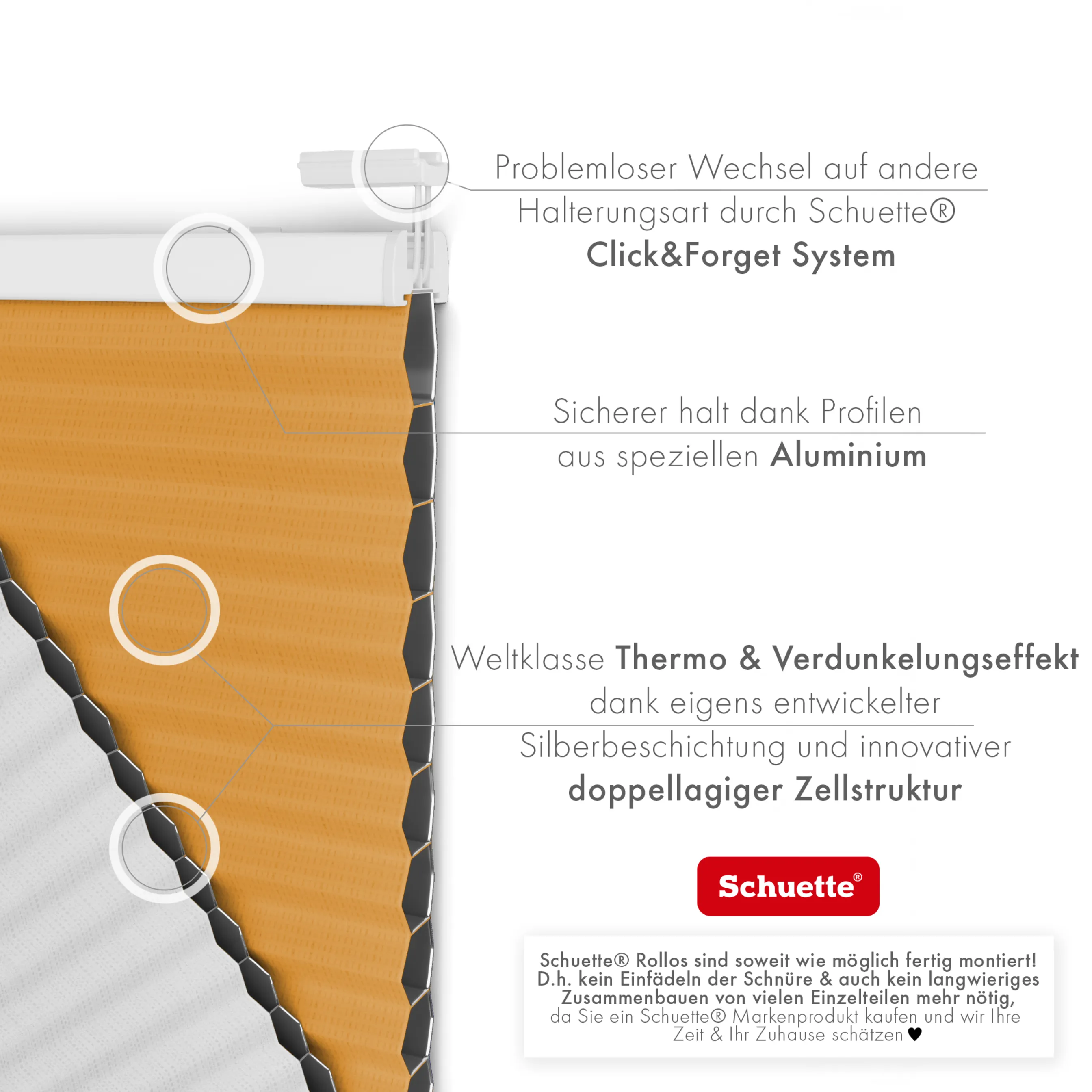 Schuette® Wabenplissee ohne Bohren nach Maß • Klebehalter & Schraubhalter 2in1 Set "Letsbond" • Honey Kollektion: Citrus Glow (Orange) • Profilfarbe: Braun