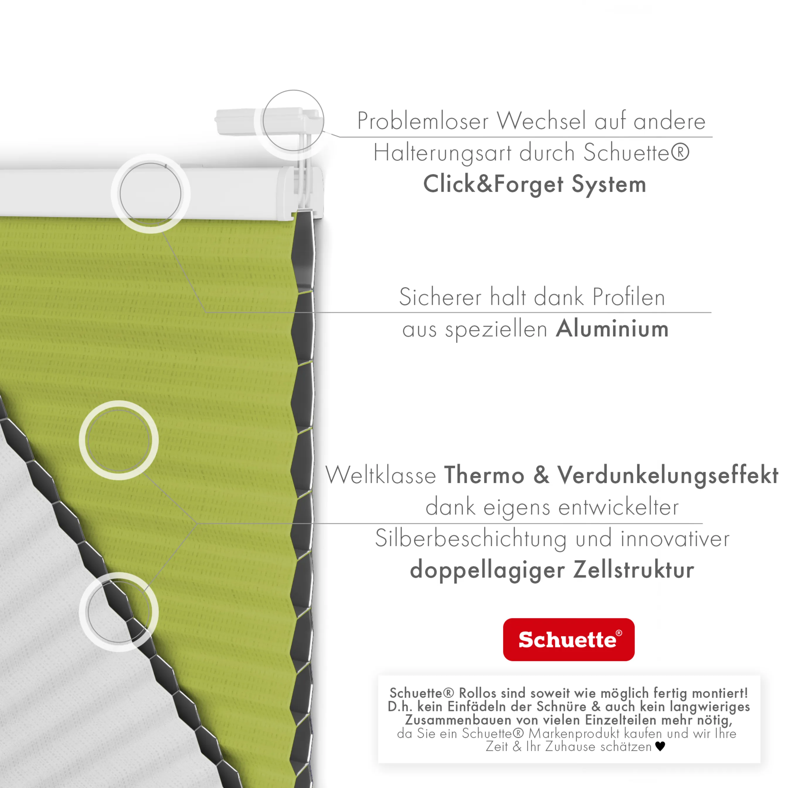 Schuette® Wabenplissee ohne Bohren nach Maß • Klebehalter & Schraubhalter 2in1 Set "Letsbond" • Honey Kollektion: Green Tea (Grün) • Profilfarbe: Walnuss