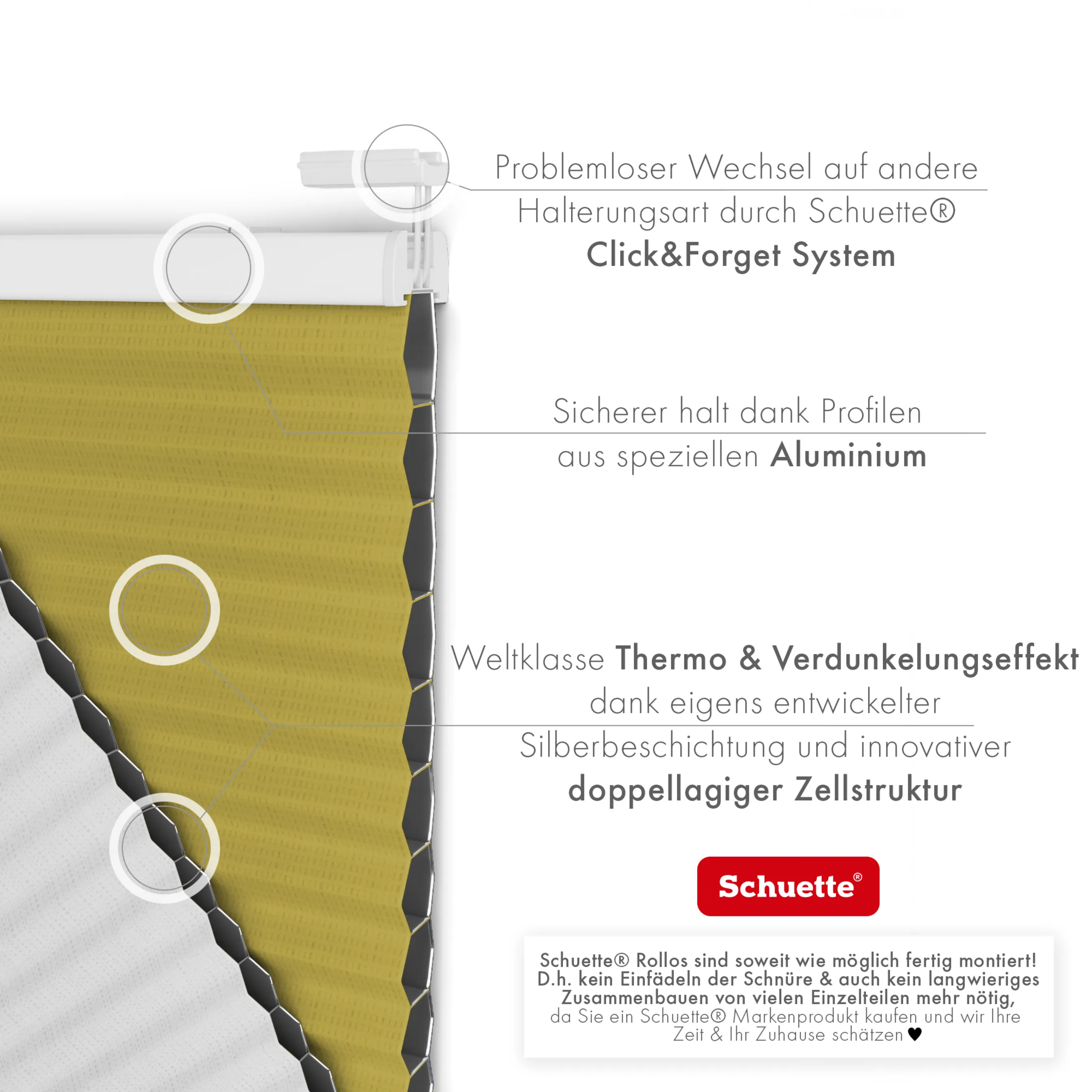 Schuette® Wabenplissee ohne Bohren nach Maß • Klebehalter & Schraubhalter 2in1 Set "Letsbond" • Honey Kollektion: Olive Branch (Olivgrün) • Profilfarbe: Walnuss
