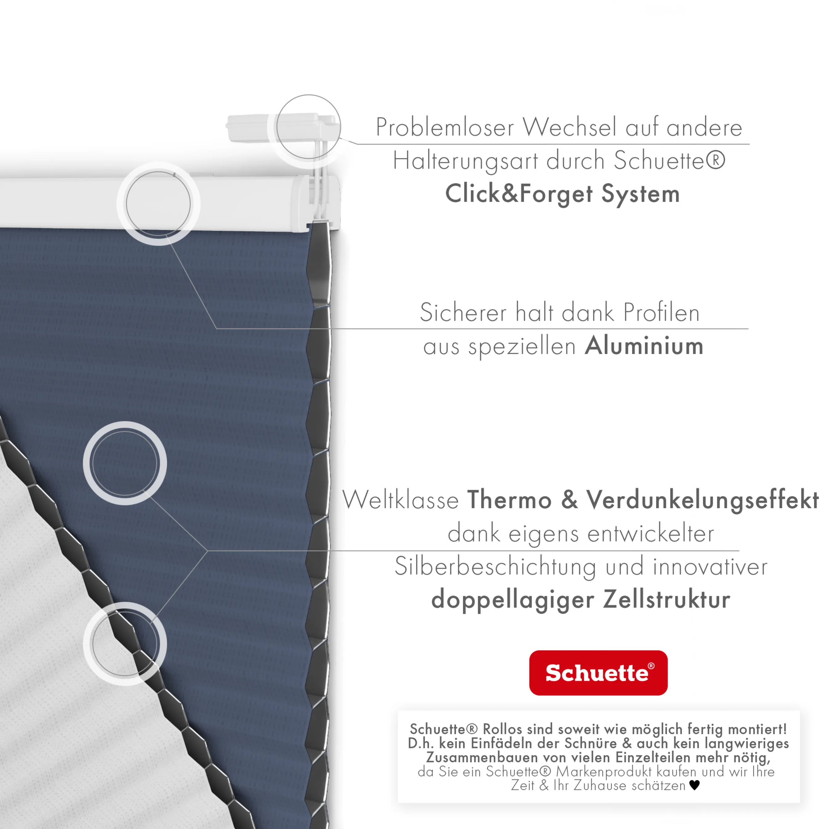 Schuette® Wabenplissee ohne Bohren nach Maß • Klebehalter & Schraubhalter 2in1 Set "Letsbond" • Honey Kollektion: Arctic Ocean (Dunkelblau) • Profilfarbe: Walnuss