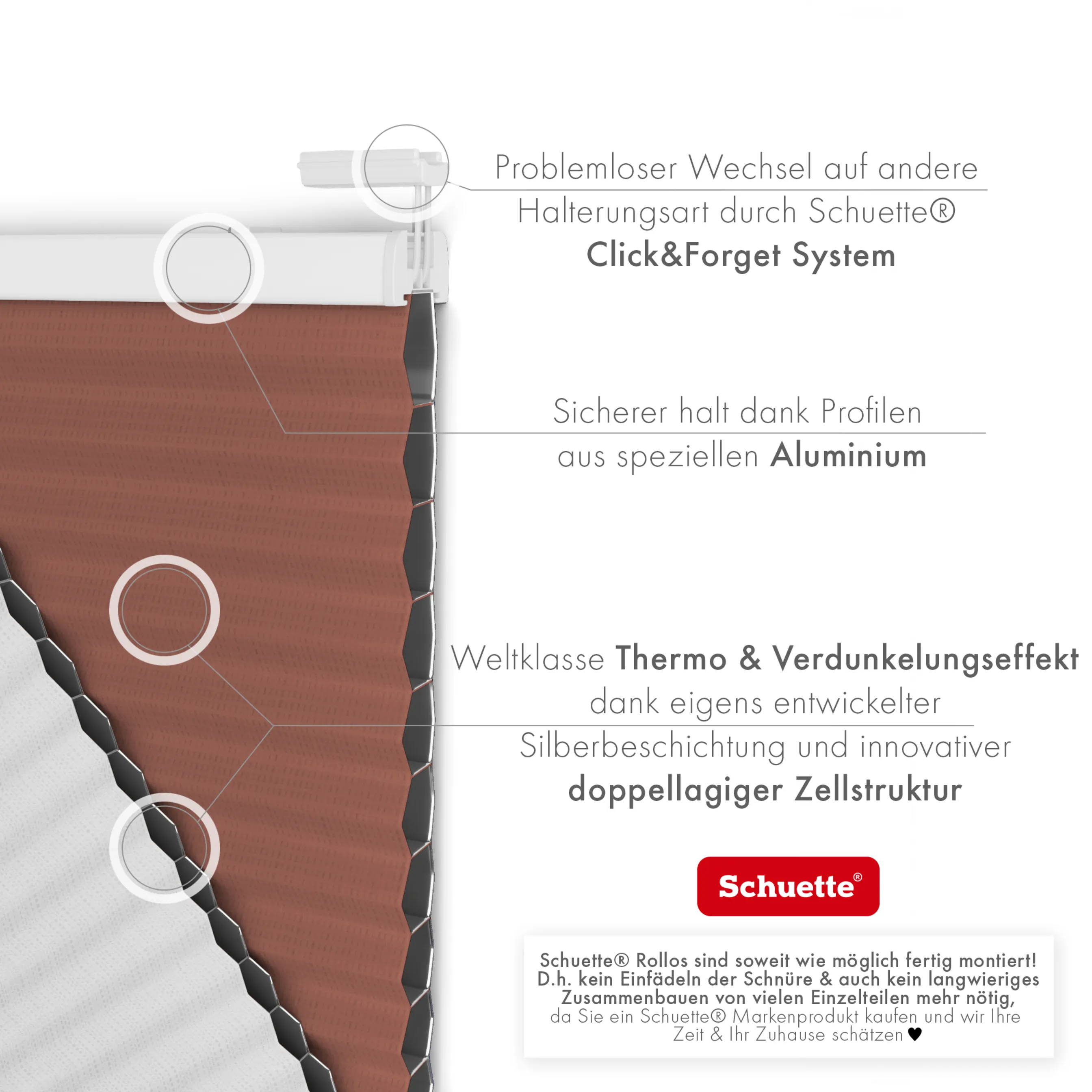 Schuette® Wabenplissee ohne Bohren nach Maß • Klebehalter & Schraubhalter 2in1 Set "Letsbond" Transparent • Honey Kollektion: Poppy Petal (Dunkelrot) • Profilfarbe: Silber