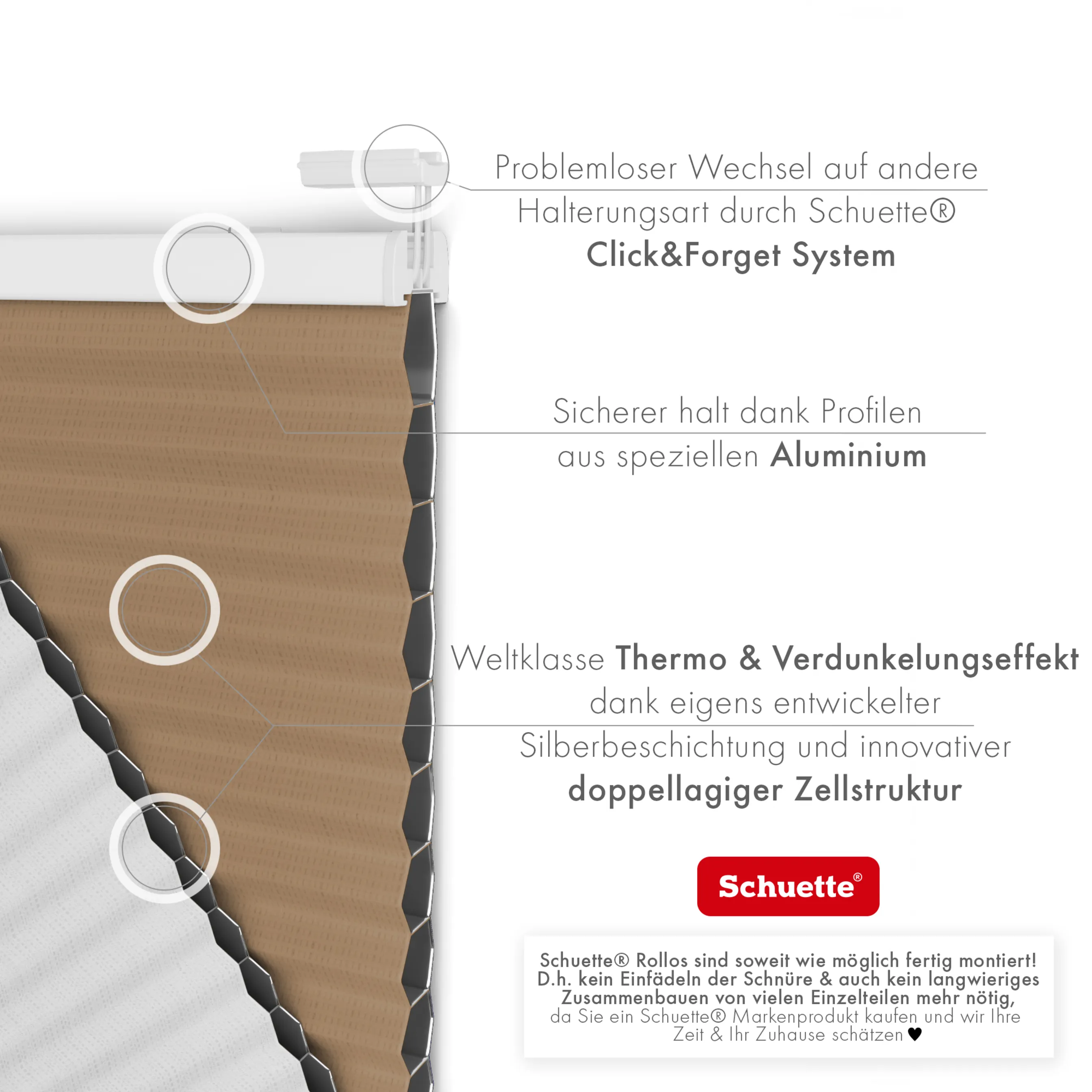 Schuette® Wabenplissee ohne Bohren nach Maß • Klebehalter & Schraubhalter 2in1 Set "Letsbond" Transparent • Honey Kollektion: Maple Wood (Braun) • Profilfarbe: Braun