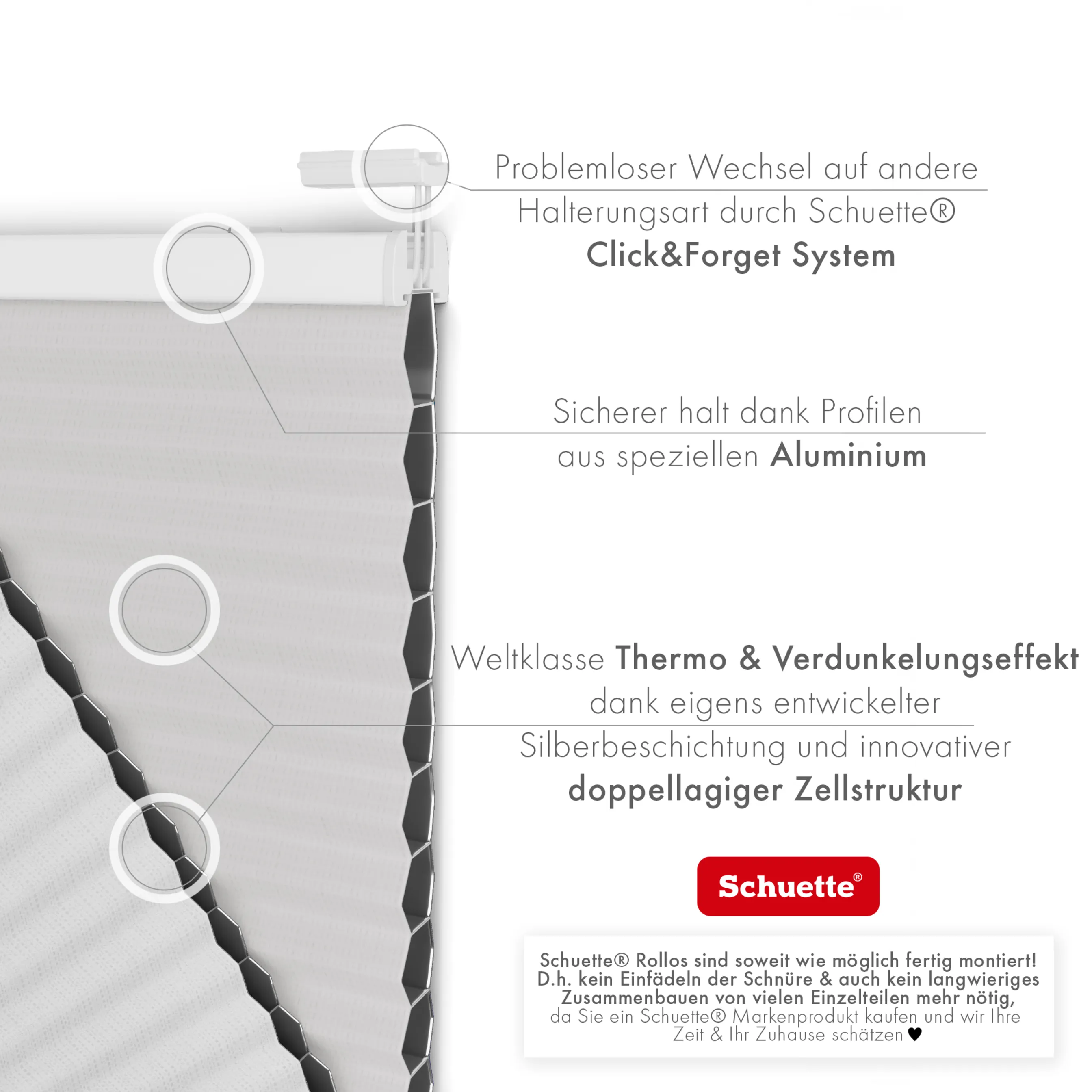 Schuette® Wabenplissee ohne Bohren nach Maß • Klebehalter & Schraubhalter 2in1 Set "Letsbond" • Honey Kollektion: Gray-zy in Love (Pastellgrau) • Profilfarbe: Weiß