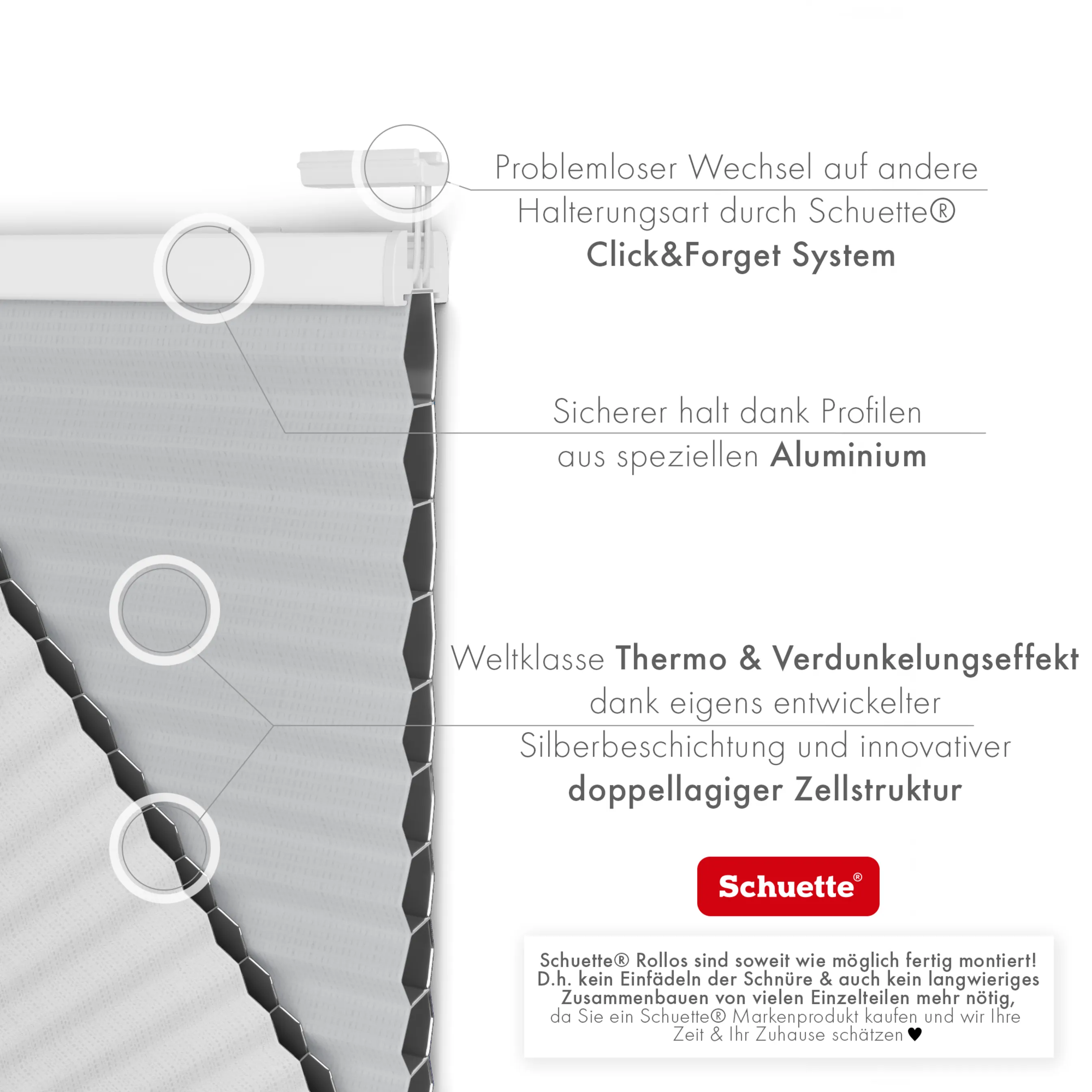 Schuette® Wabenplissee ohne Bohren nach Maß • Klebehalter & Schraubhalter 2in1 Set "Letsbond" Transparent • Honey Kollektion: Skyfall (Hellgrau) • Profilfarbe: Braun
