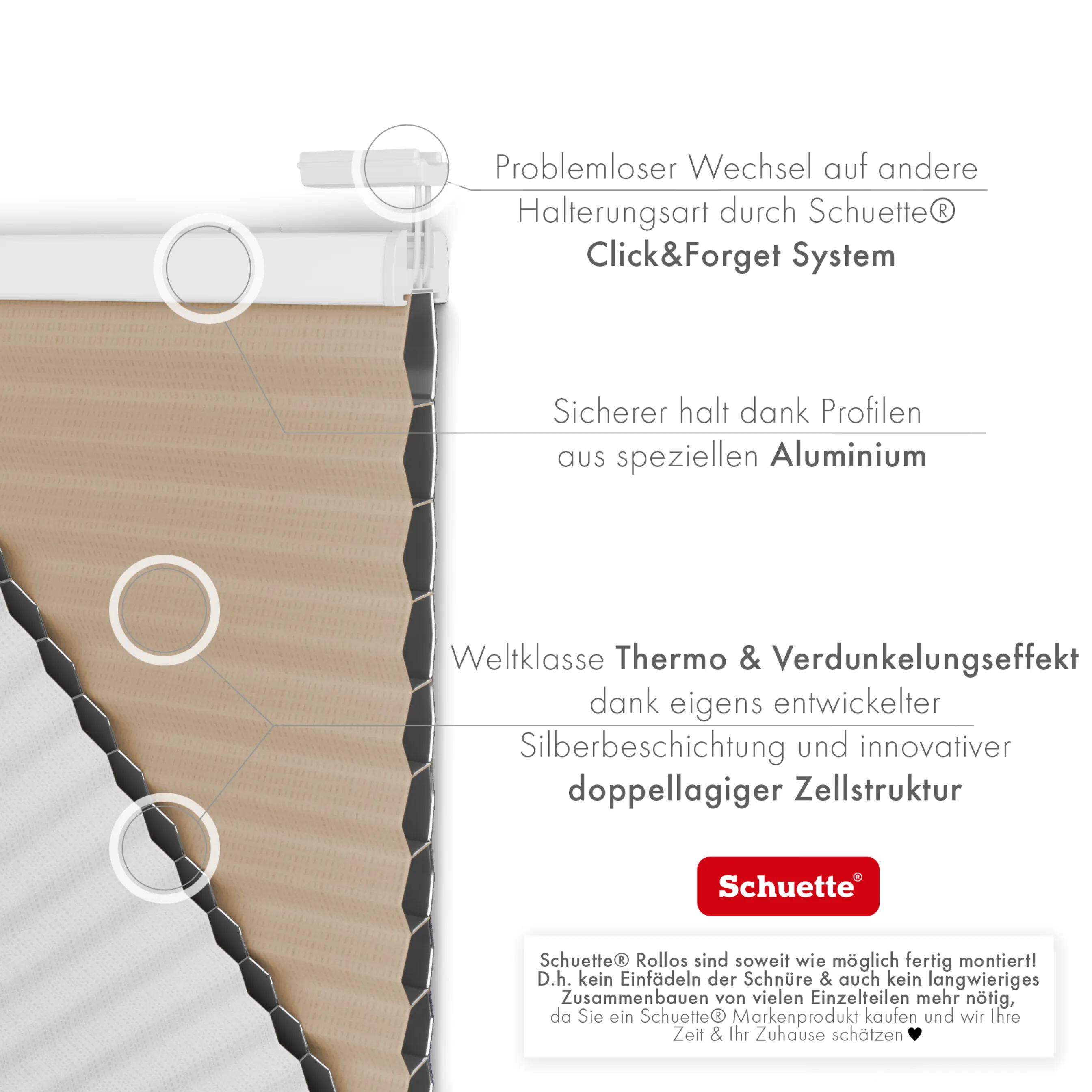 Schuette® Wabenplissee ohne Bohren nach Maß • Klebehalter & Schraubhalter 2in1 Set "Letsbond" Transparent • Honey Kollektion: Honeywood (Sand) • Profilfarbe: Walnuss