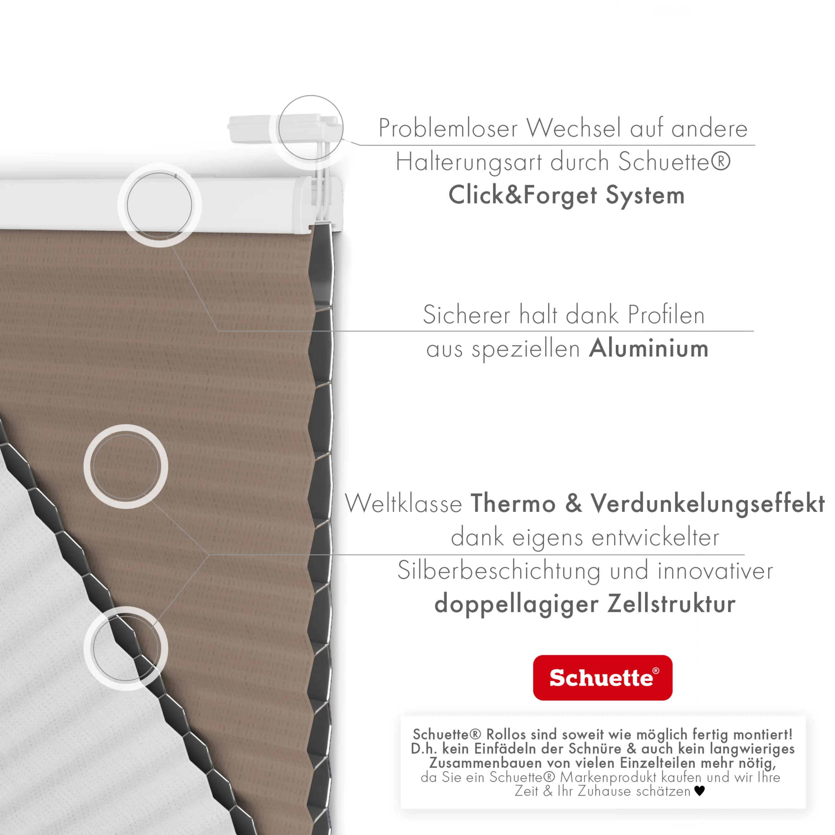 Schuette® Wabenplissee ohne Bohren nach Maß • Klebehalter & Schraubhalter 2in1 Set "Letsbond" Transparent • Honey Kollektion: Swiss Chocolate (Taupe) • Profilfarbe: Braun