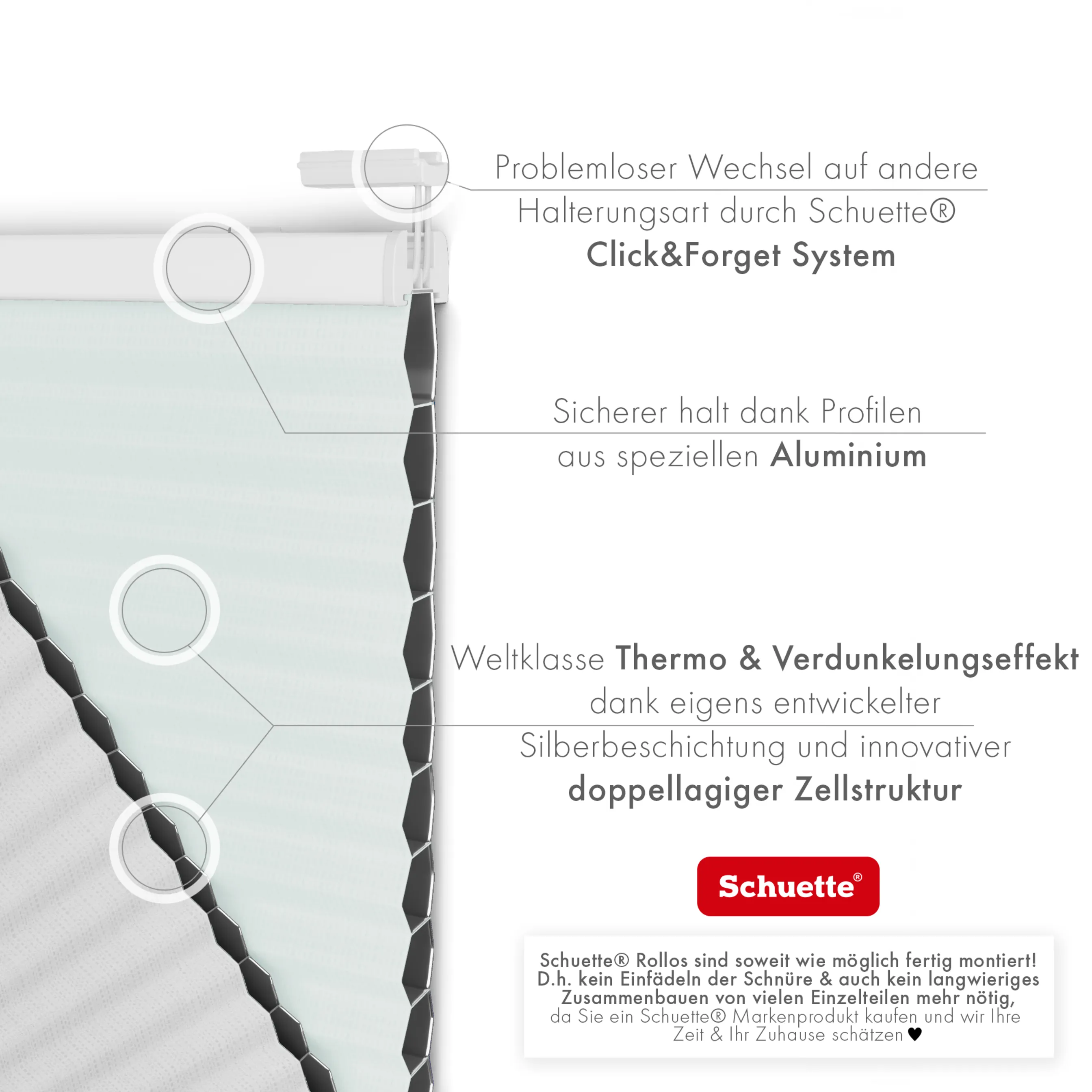 Schuette® Wabenplissee ohne Bohren nach Maß • Klebehalter & Schraubhalter 2in1 Set "Letsbond" • Honey Kollektion: Cloud Nine (Pastellblau) • Profilfarbe: Weiß
