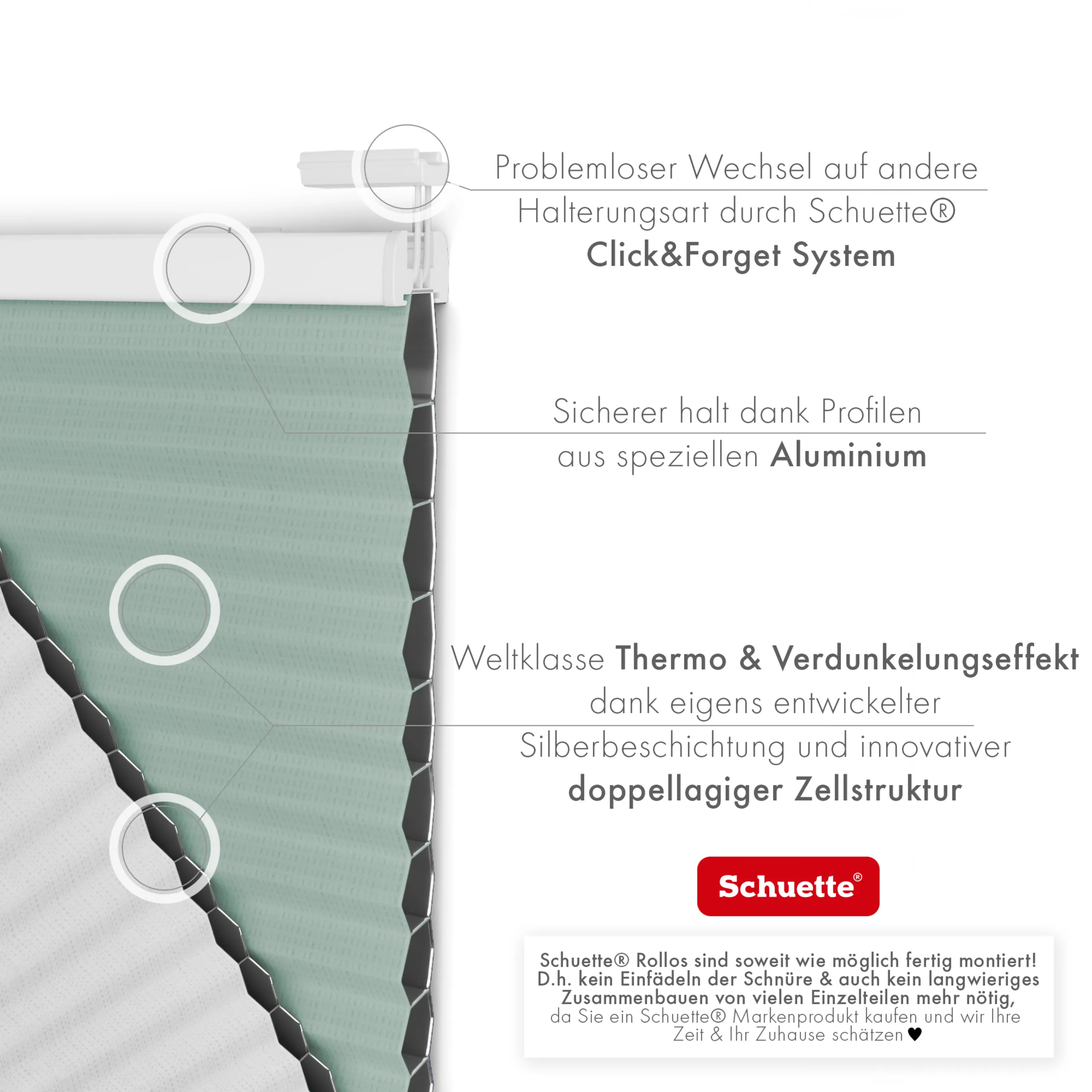 Schuette® Wabenplissee ohne Bohren nach Maß • Klebehalter & Schraubhalter 2in1 Set "Letsbond" Transparent • Honey Kollektion: Wicked Emerald (Blassgrün) • Profilfarbe: Walnuss