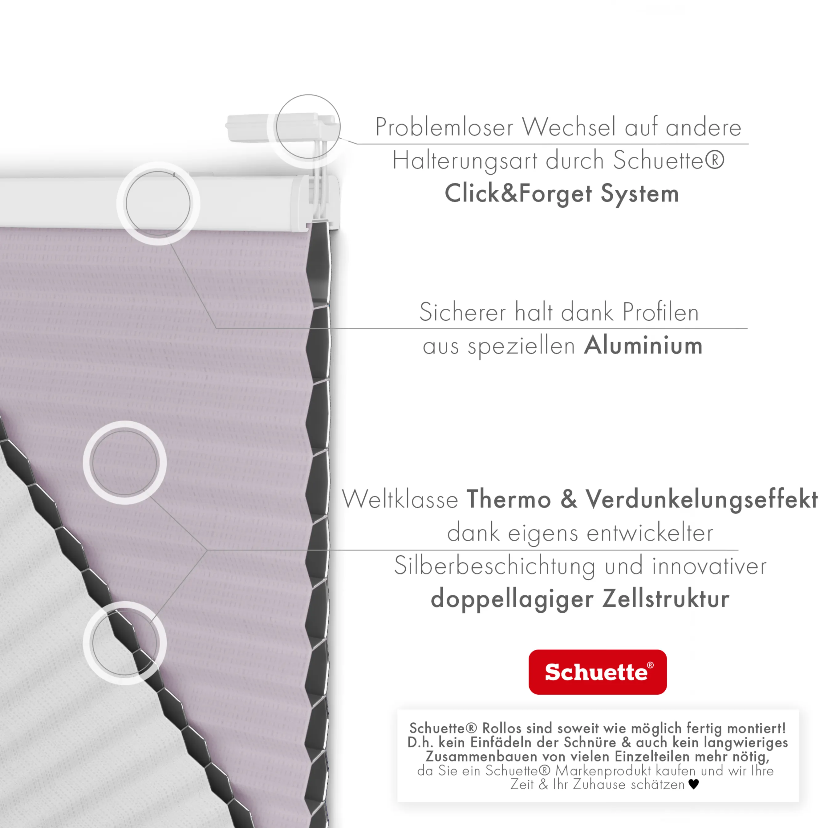 Schuette® Wabenplissee ohne Bohren nach Maß • Klebehalter & Schraubhalter 2in1 Set "Letsbond" Transparent • Honey Kollektion: Sakura Sky (Pastelllila) • Profilfarbe: Braun