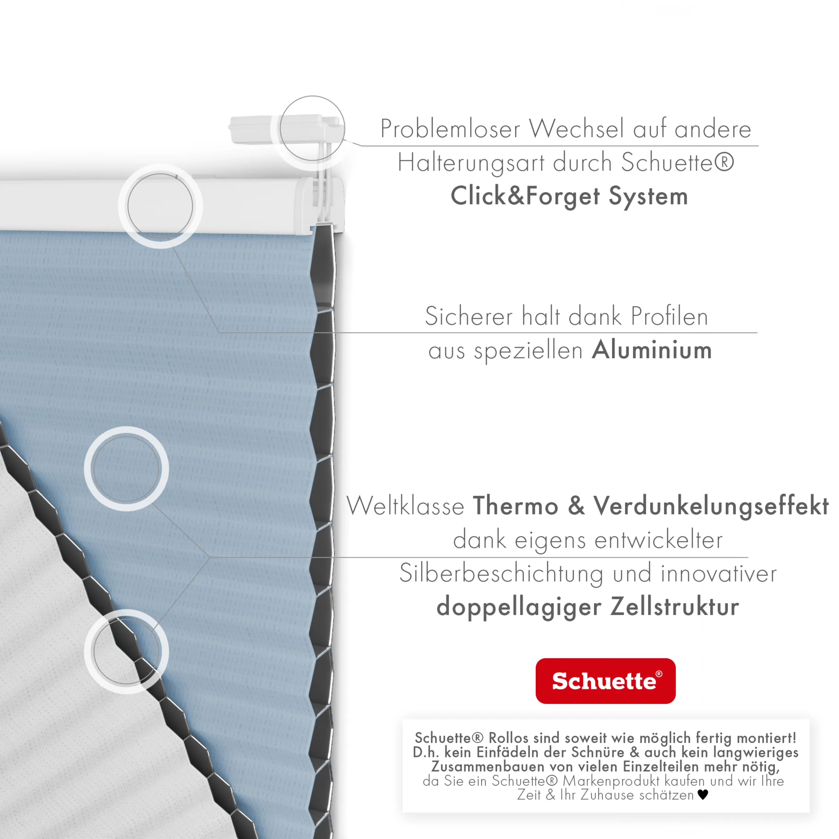 Schuette® Wabenplissee ohne Bohren nach Maß • Klebehalter & Schraubhalter 2in1 Set "Letsbond" Transparent • Honey Kollektion: Ocean Drive (Hellblau) • Profilfarbe: Braun