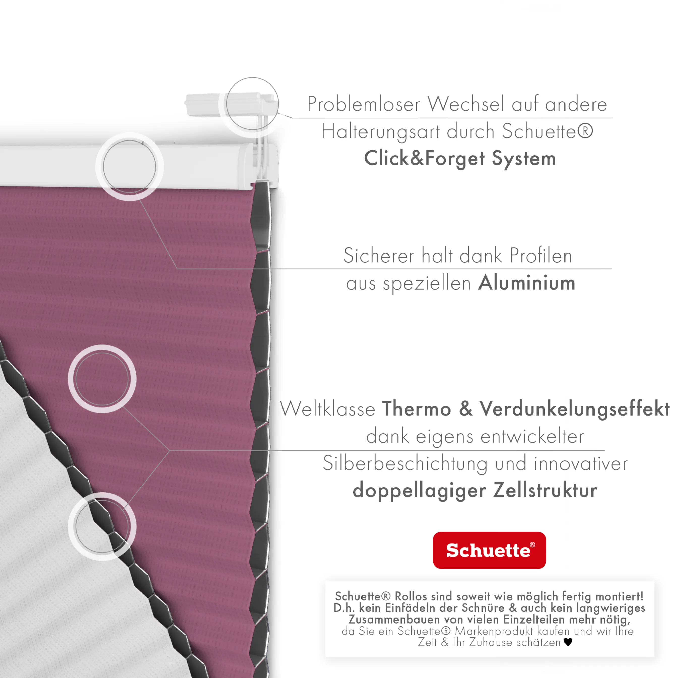 Schuette® Wabenplissee ohne Bohren nach Maß • Klebehalter & Schraubhalter 2in1 Set "Letsbond" • Honey Kollektion: Red Velvet (Purpurrot) • Profilfarbe: Anthrazit