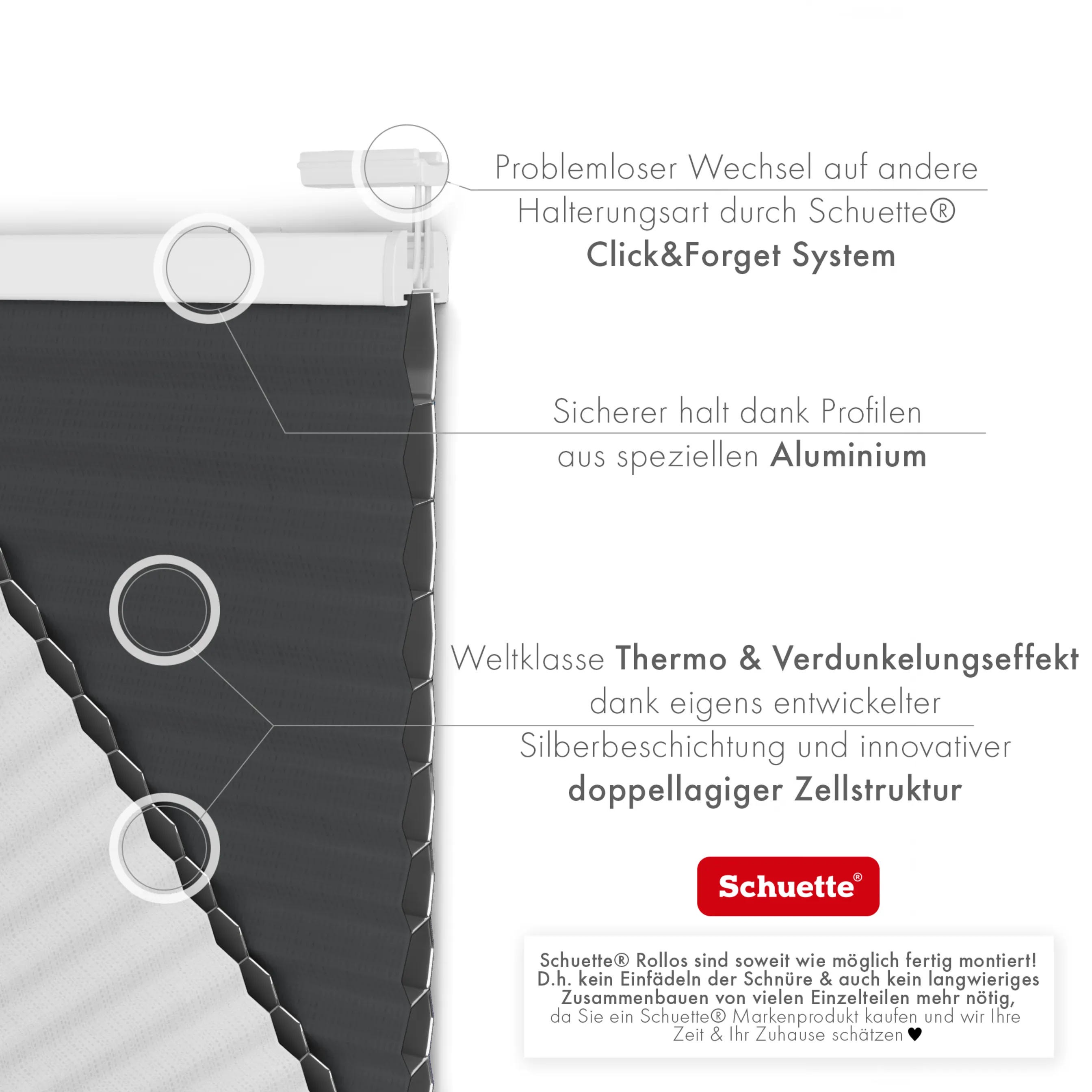 Schuette® Wabenplissee ohne Bohren nach Maß • Klebehalter & Schraubhalter 2in1 Set "Letsbond" • Honey Kollektion: Night Rider (Anthrazit) • Profilfarbe: Silber