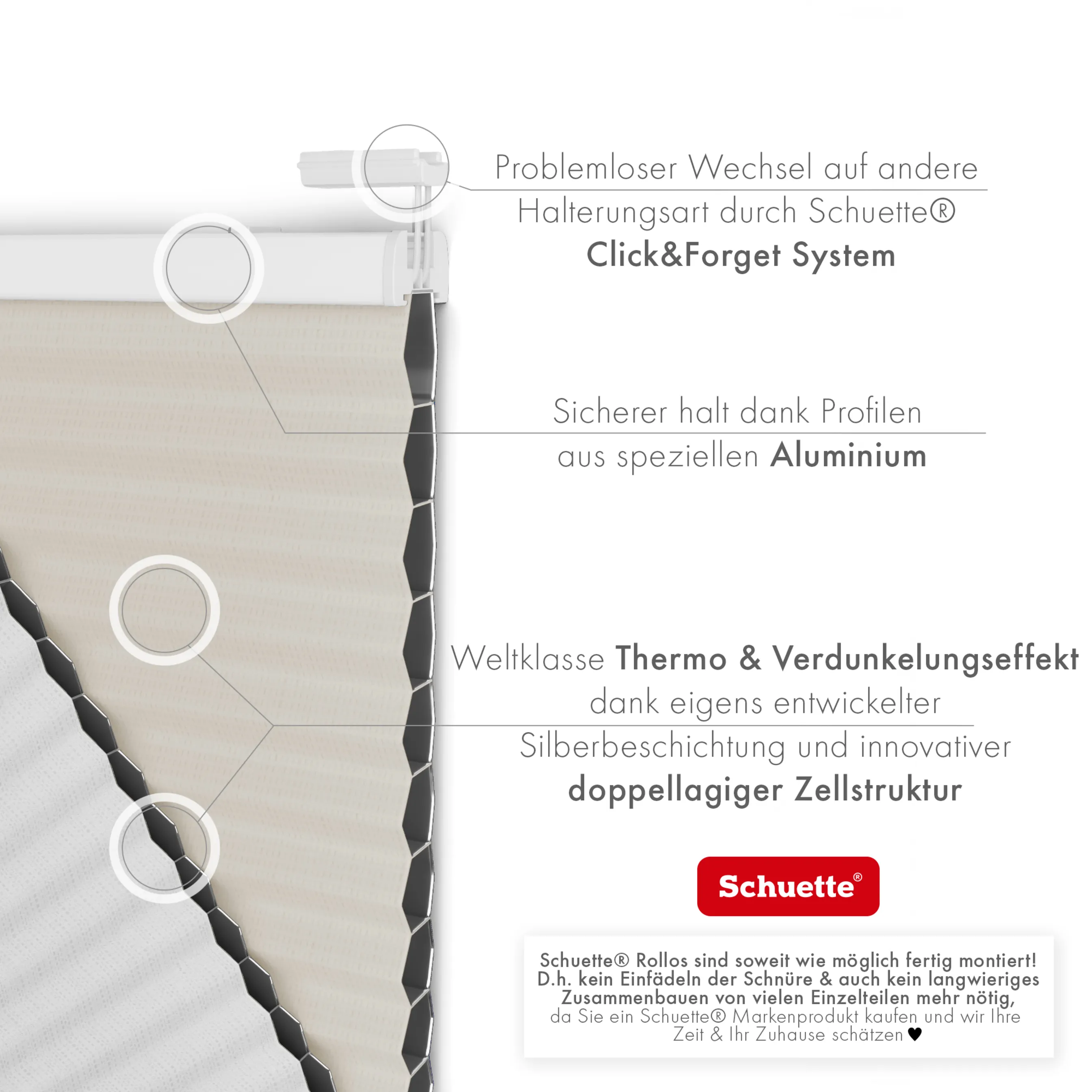 Schuette® Wabenplissee ohne Bohren nach Maß • Klebehalter & Schraubhalter 2in1 Set "Letsbond" Transparent • Honey Kollektion: Belgian Waffle (Creme) • Profilfarbe: Weiß