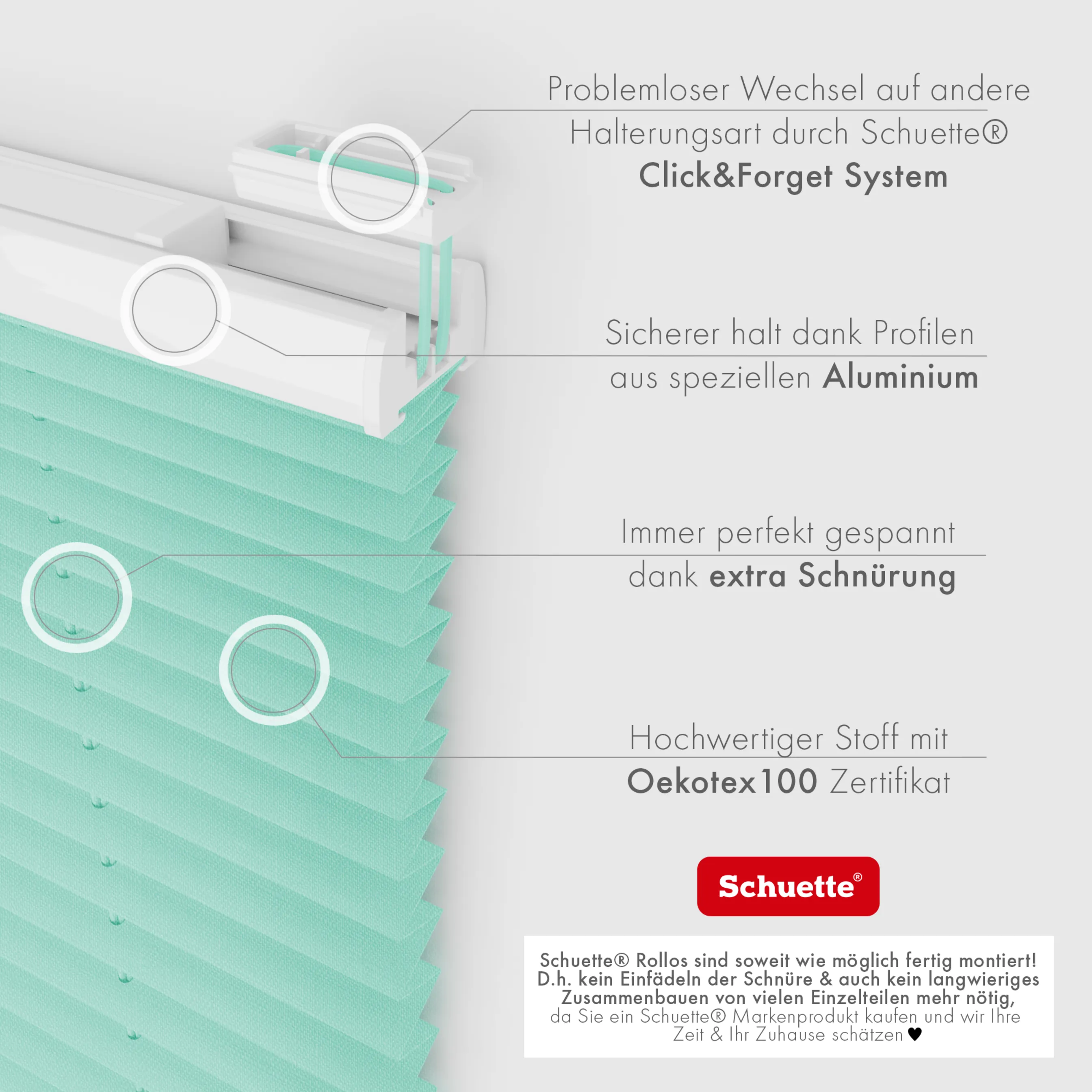 Schuette® Plissee mit Bohren nach Maß • Suprafix "Double 2in1" Schraub- & Klemmhalter • Melange Kollektion: Mint Ice Cream (Grün) • Profilfarbe: Silber
