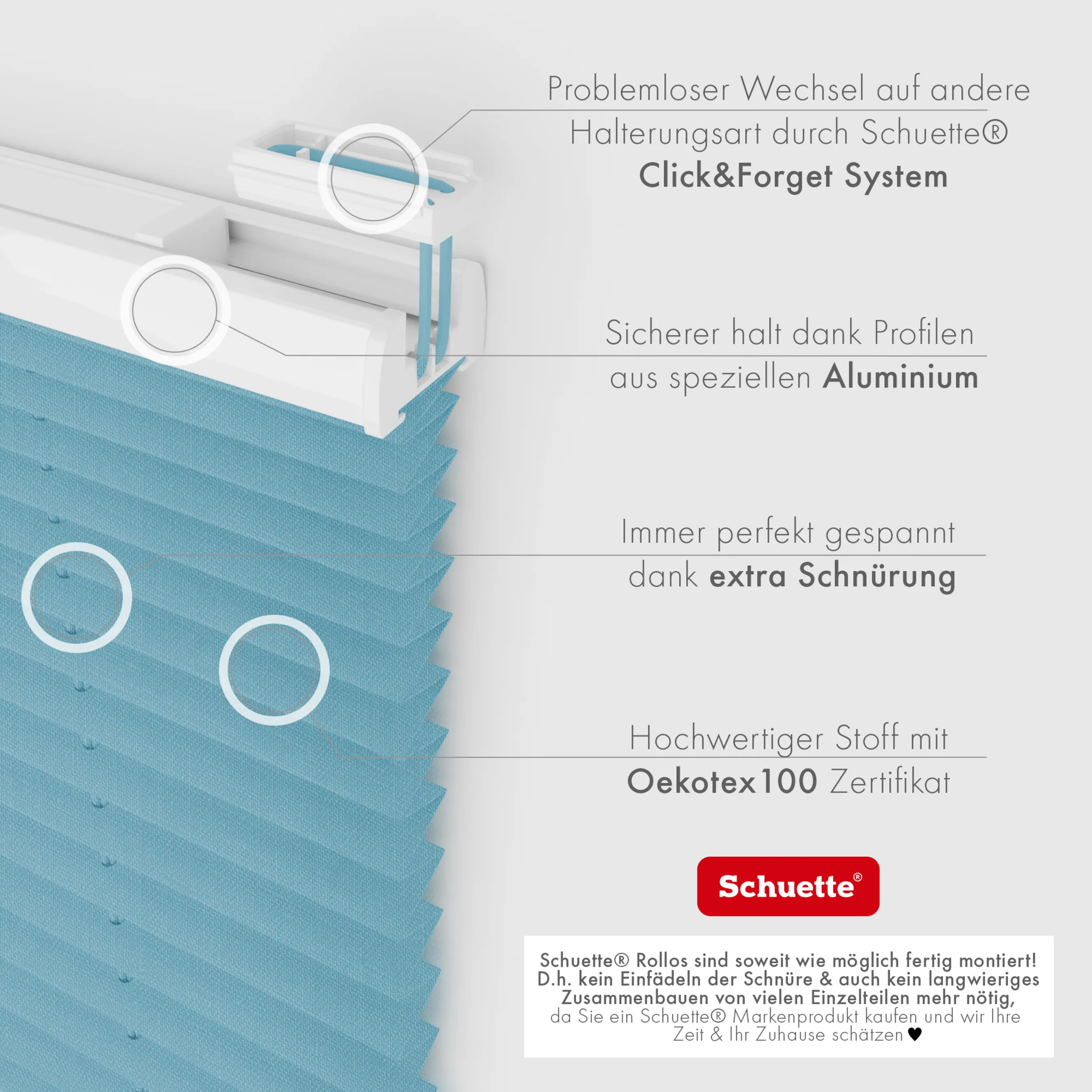 Schuette® Plissee ohne Bohren nach Maß • Suprafix Halterung “Zum Kleben” • Melange Kollektion: Deep Sea (Blau) • Profilfarbe: Eiche