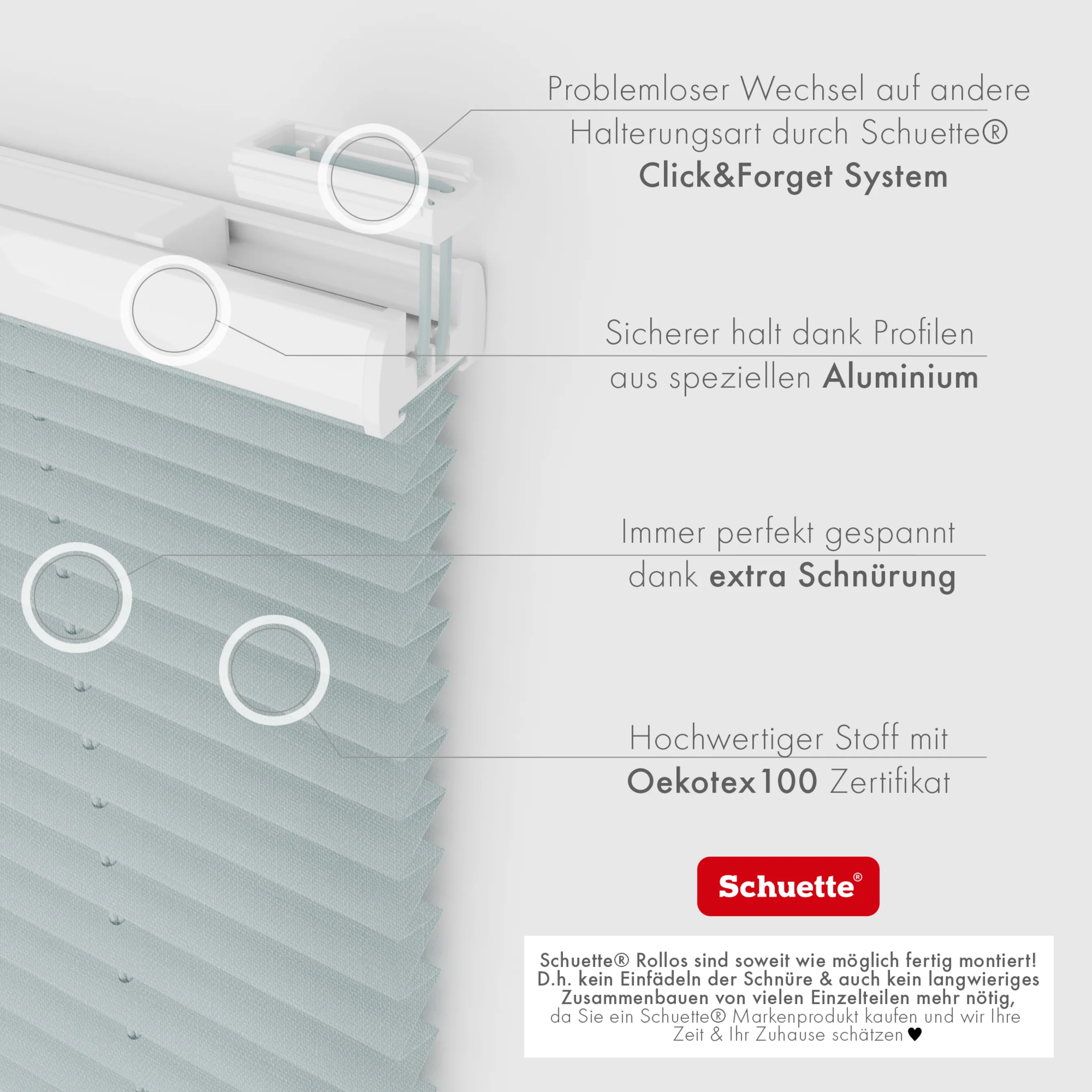 Schuette® Plissee ohne Bohren nach Maß • Suprafix Halterung “Zum Kleben” • Melange Kollektion: On The Road (Grau) • Profilfarbe: Weiß