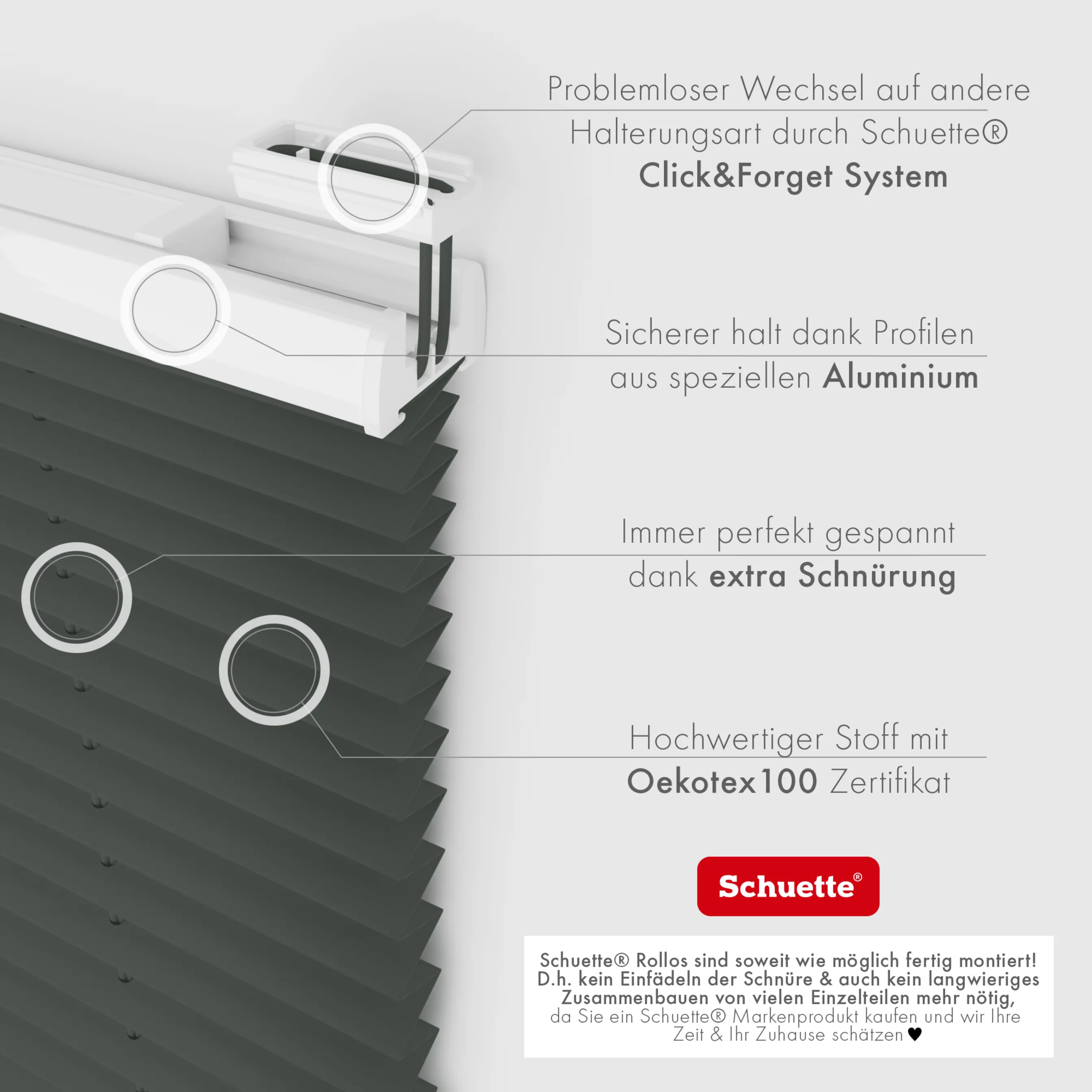 Schuette® Plissee ohne Bohren nach Maß • Suprafix Halterung “Zum Kleben” • Premium Kollektion: Rocky Mountain (Graphit) • Profilfarbe: Weiß