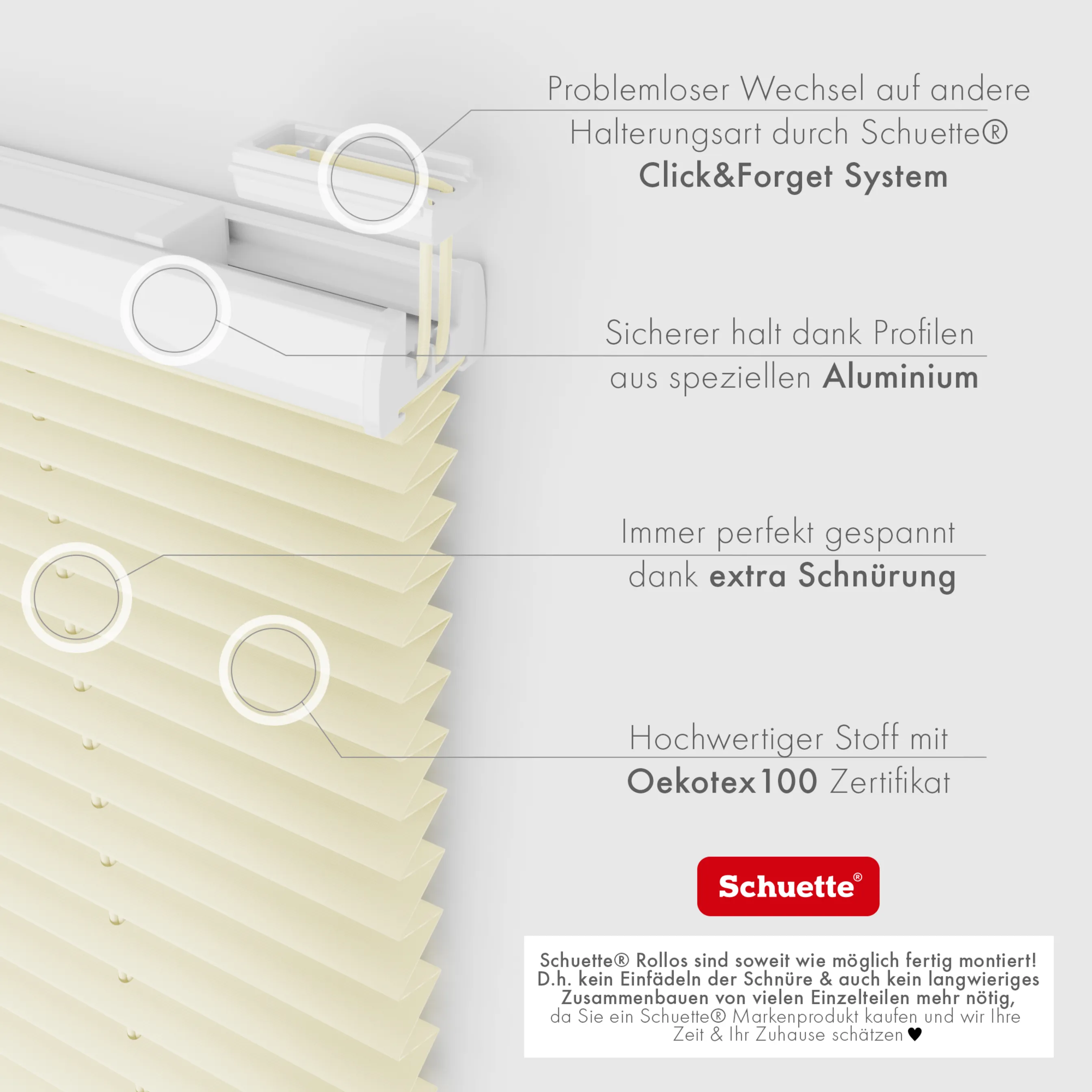 Schuette® Plissee ohne Bohren nach Maß • Suprafix Klemmhalter "X" • Premium Kollektion: Vanilla Ice Cream (Creme) • Profilfarbe: Anthrazit