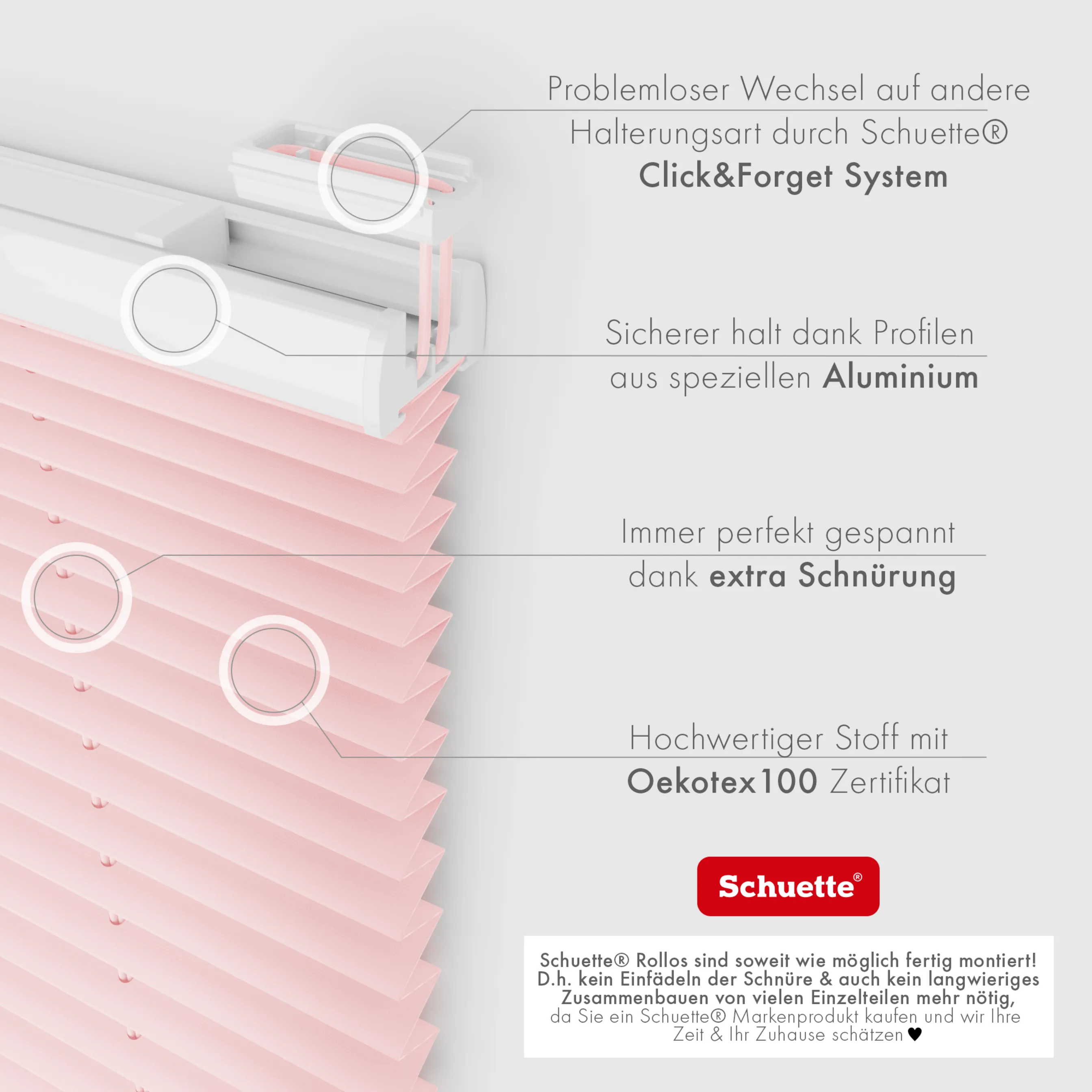 Schuette® Plissee mit Bohren nach Maß • Suprafix Halterungen “Mit Bohren” • Premium Kollektion: Powdered Rose (Rosa) • Profilfarbe: Walnuss