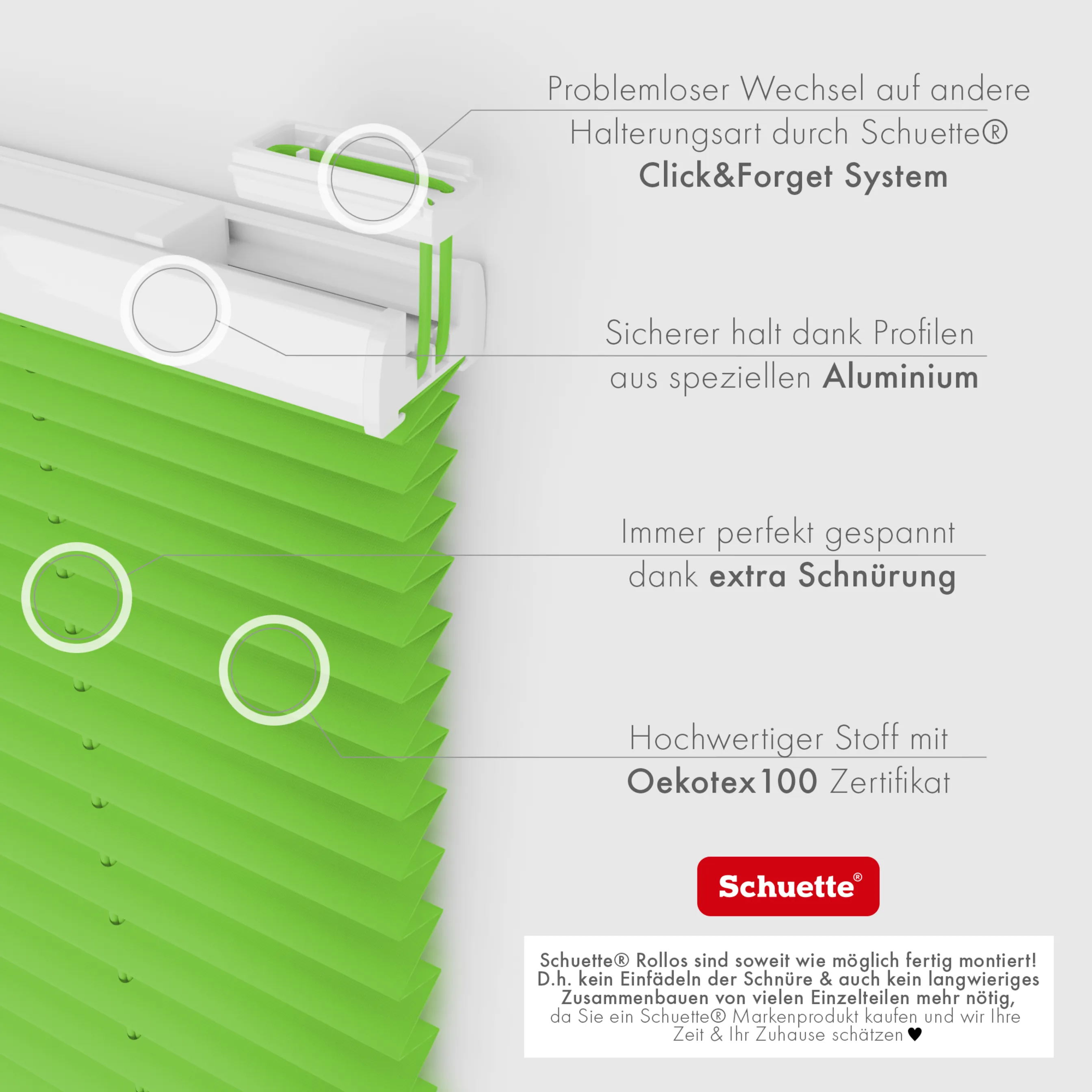 Schuette® Plissee ohne Bohren nach Maß • Suprafix Halterung “Zum Kleben” • Premium Kollektion: Green Meadow (Grün) • Profilfarbe: Anthrazit