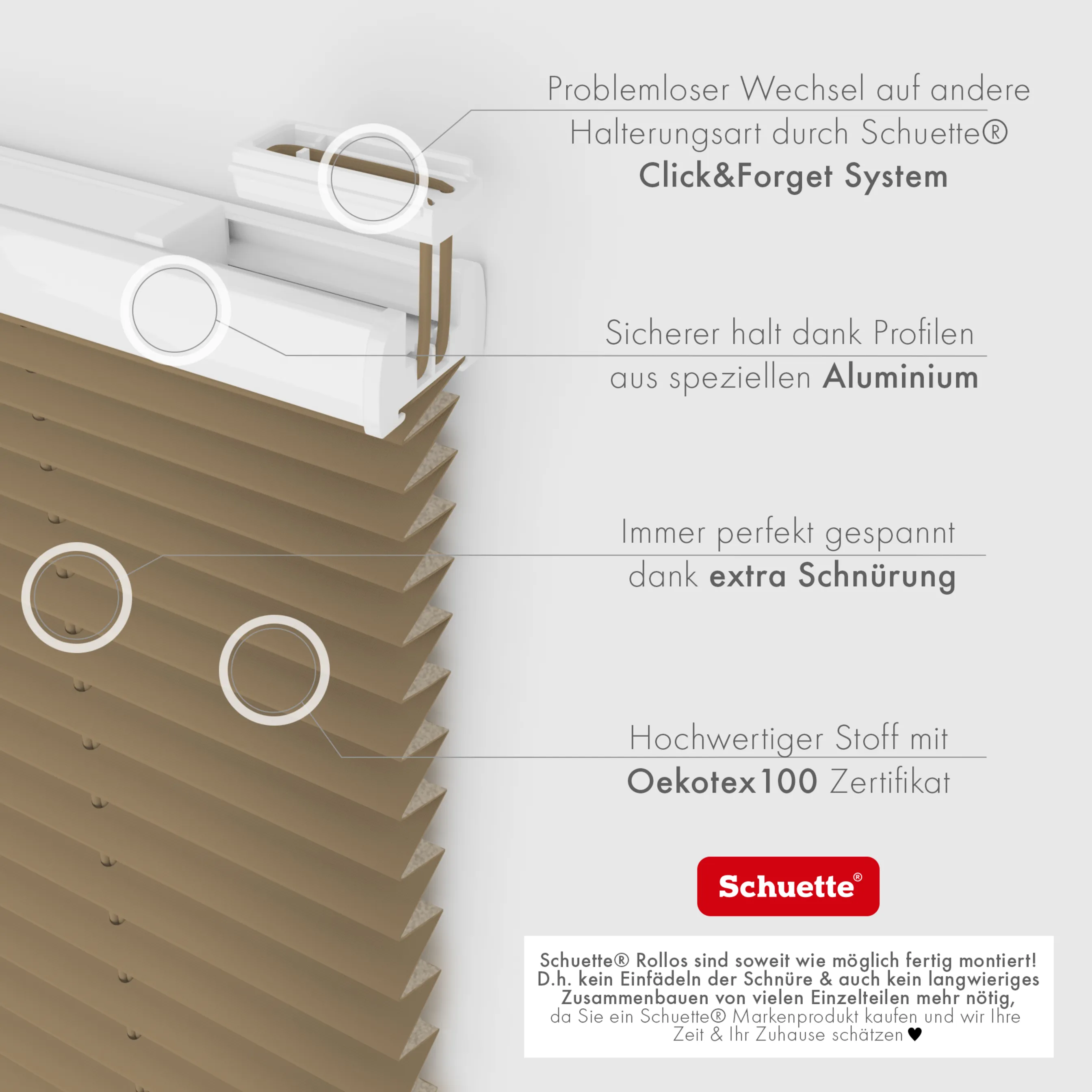 Schuette® Plissee ohne Bohren nach Maß • Suprafix Klemmhalter “Incognito X" • Thermo Kollektion: Mocha Dream (Hellbraun) • Profilfarbe: Anthrazit