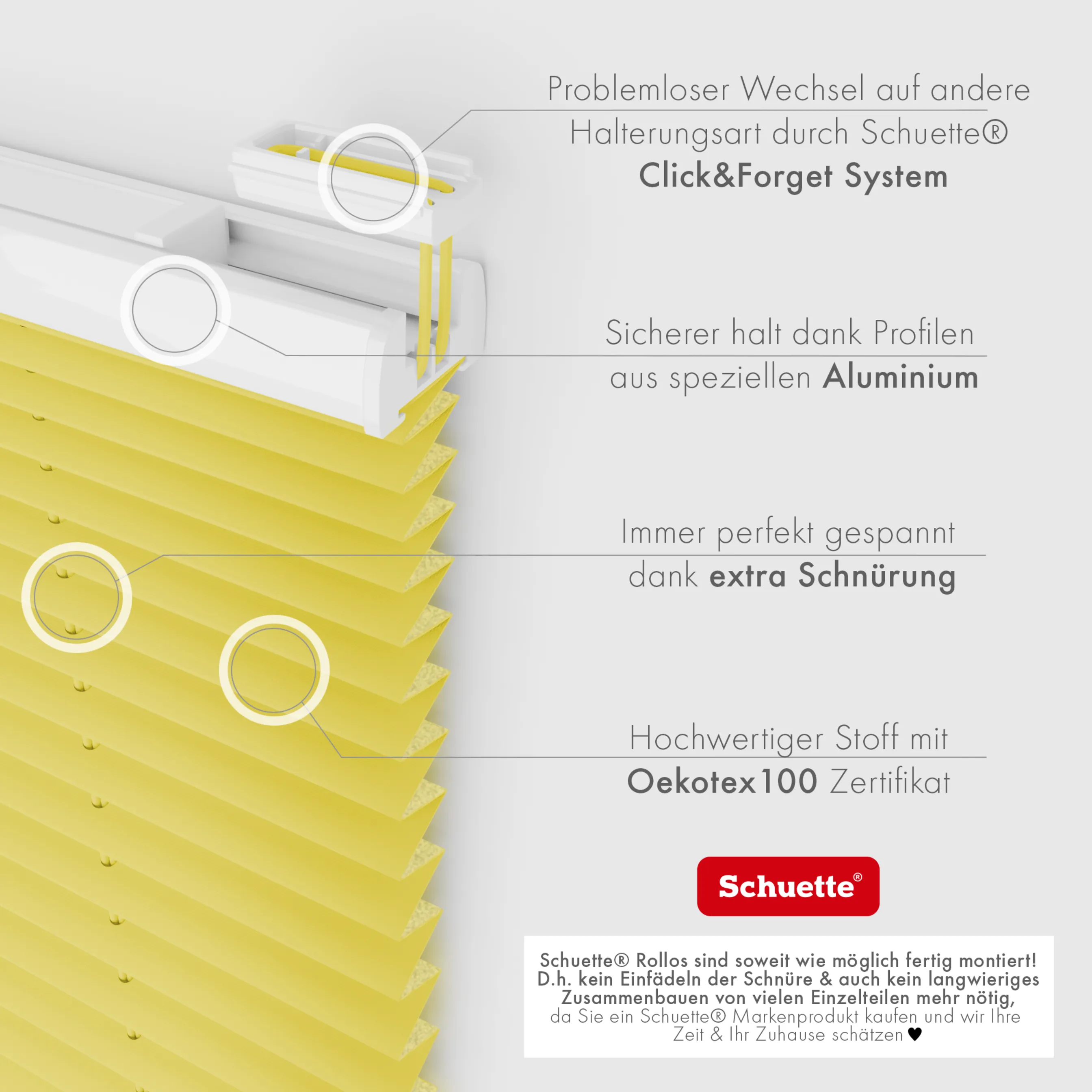Schuette® Plissee ohne Bohren nach Maß • Suprafix Halterung “Zum Kleben” • Thermo Kollektion: Sunflower (Gelb) • Profilfarbe: Silber