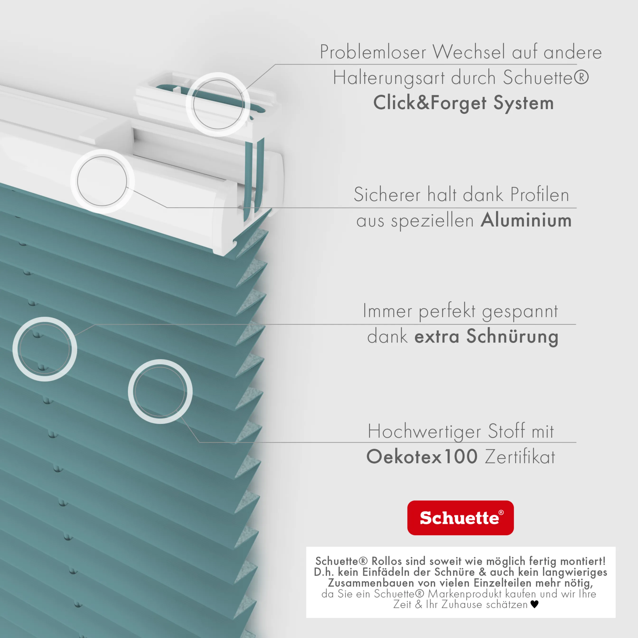 Schuette® Plissee ohne Bohren nach Maß • Suprafix Halterung “Zum Kleben” • Thermo Kollektion: Teal Aura (Türkis) • Profilfarbe: Walnuss