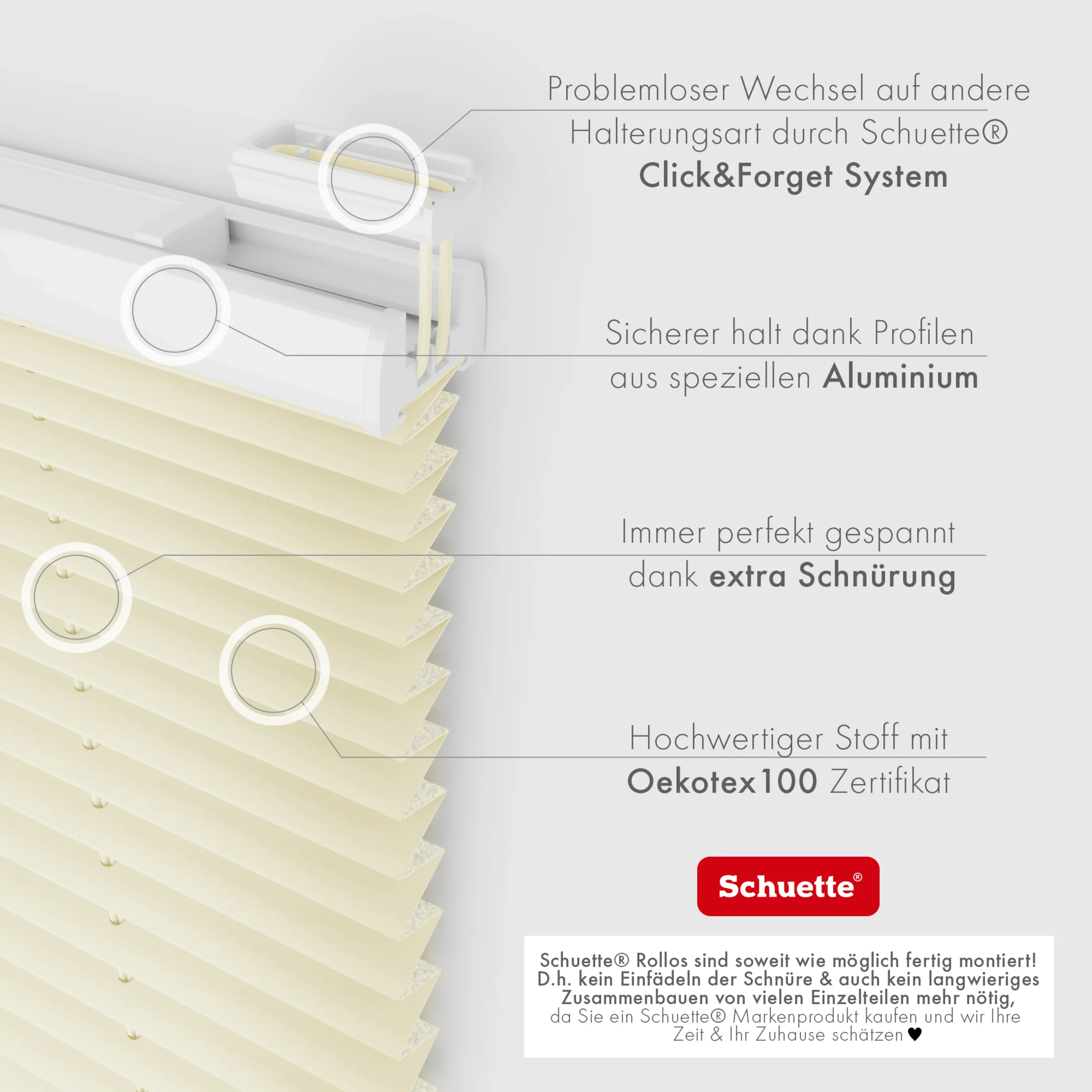 Schuette® Plissee ohne Bohren nach Maß • Suprafix Halterung “Zum Kleben” • Thermo Kollektion: Sandstone (Beige) • Profilfarbe: Walnuss