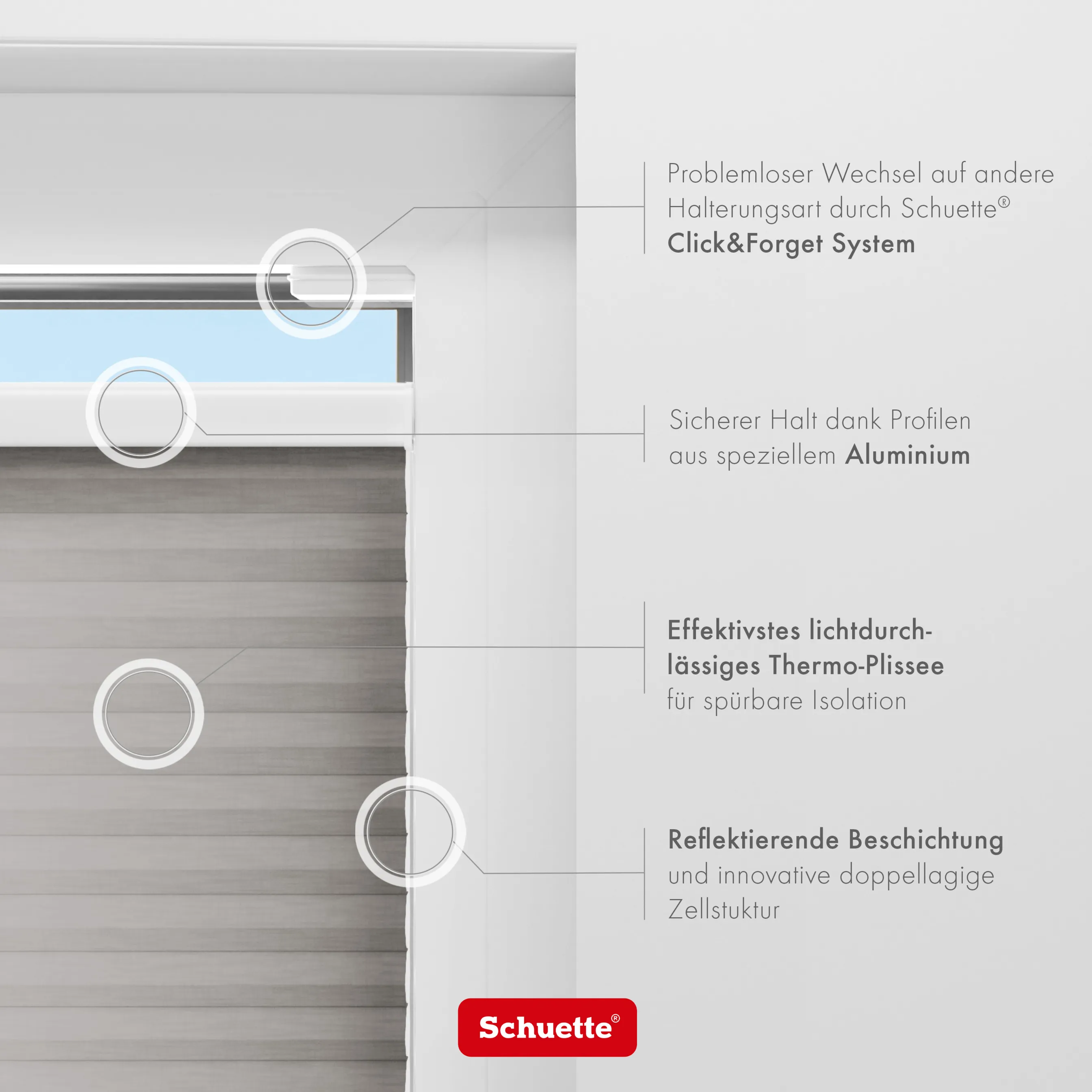 Schuette® Wabenplissee mit Bohren nach Maß • Suprafix Halterungen “Mit Bohren” • Thermo x Honey Kollektion: Overbaked (Grau) • Profilfarbe: Eiche