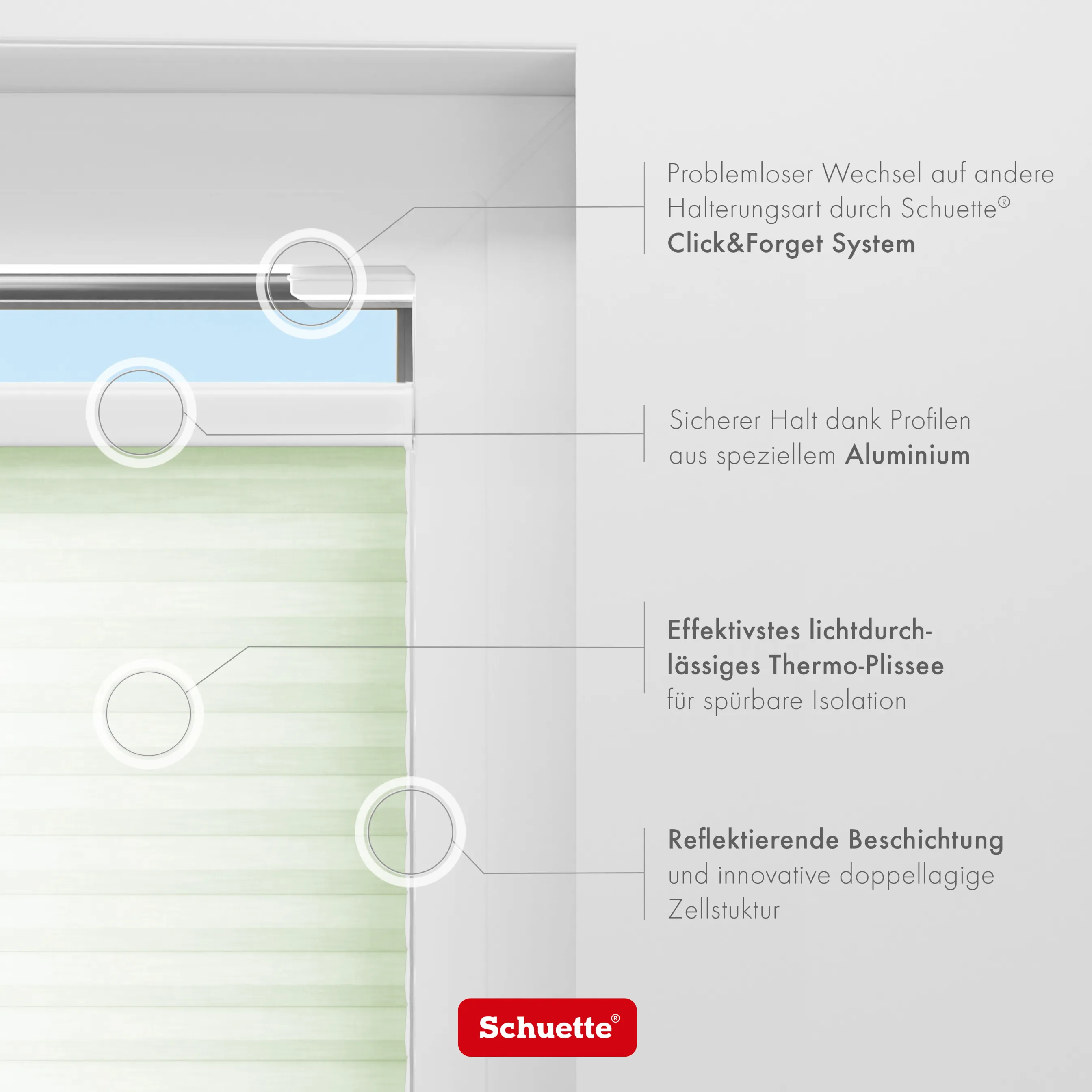 Schuette® Wabenplissee ohne Bohren nach Maß • Klebehalter & Schraubhalter 2in1 Set "Letsbond" Transparent • Thermo x Honey Kollektion: Let’s Matcha! (Pastellgrün) • Profilfarbe: Weiß
