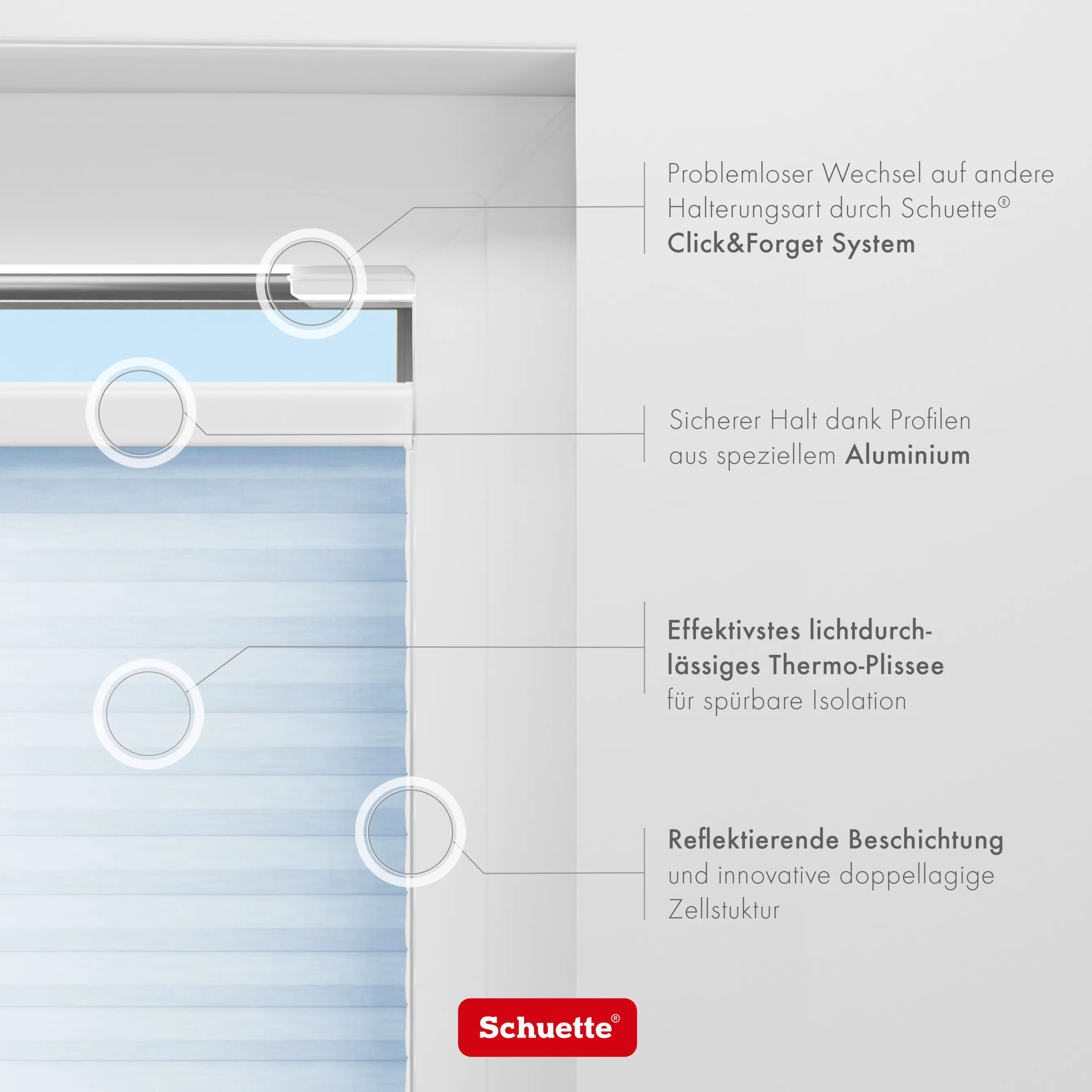 Schuette® Wabenplissee ohne Bohren nach Maß • Klebehalter & Schraubhalter 2in1 Set "Letsbond" Transparent • Thermo x Honey Kollektion: Ice Pop (Hellblau) • Profilfarbe: Weiß