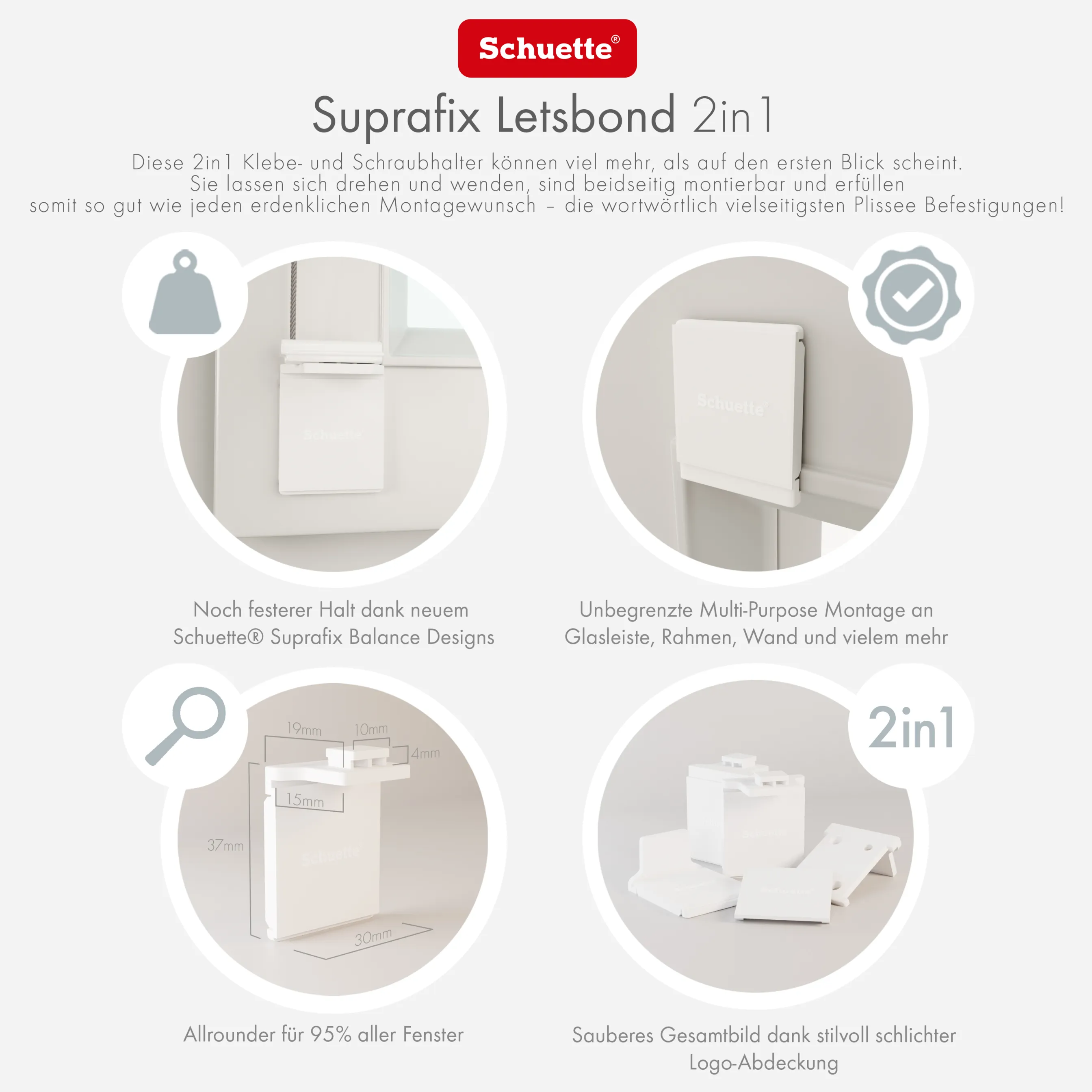Schuette® Plissee ohne Bohren nach Maß • Suprafix Halterung “Zum Kleben” • Premium Kollektion: Rocky Mountain (Graphit) • Profilfarbe: Weiß